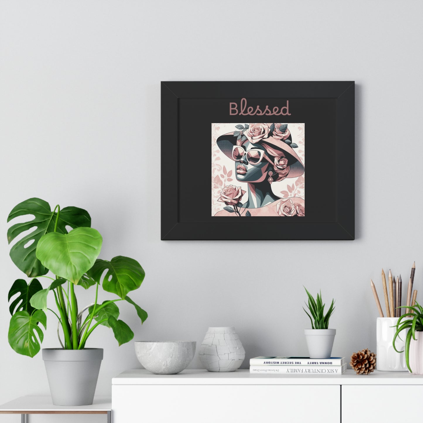 Framed Art Print: Blessed Floral Wall Decor, Inspirational Home Gift, Boho Art for Living Room, Stylish Gift for Friends, Modern Wall Art