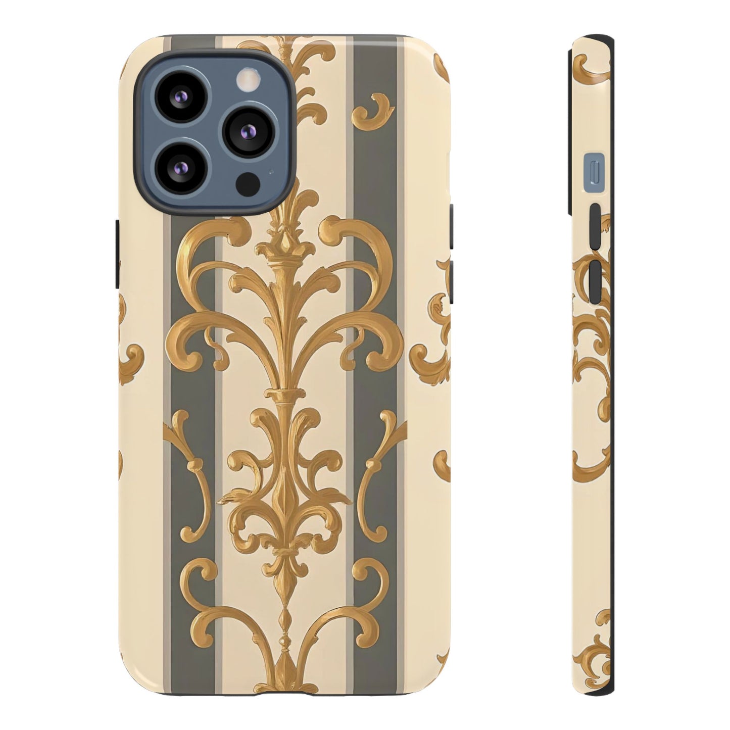 Elegant Floral Motif Phone Case - Tough Cases with Vintage Design - Dusk Olive Striped Gold Damask