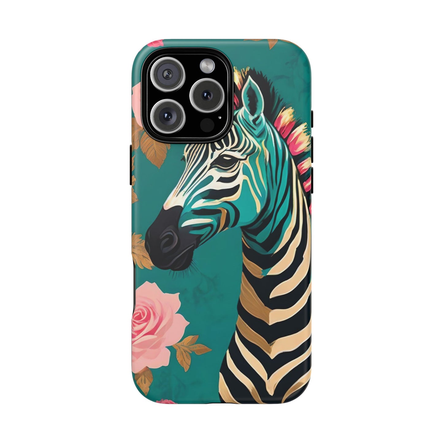Phone Case - Elegant Teal & Gold Zebra & Roses Design