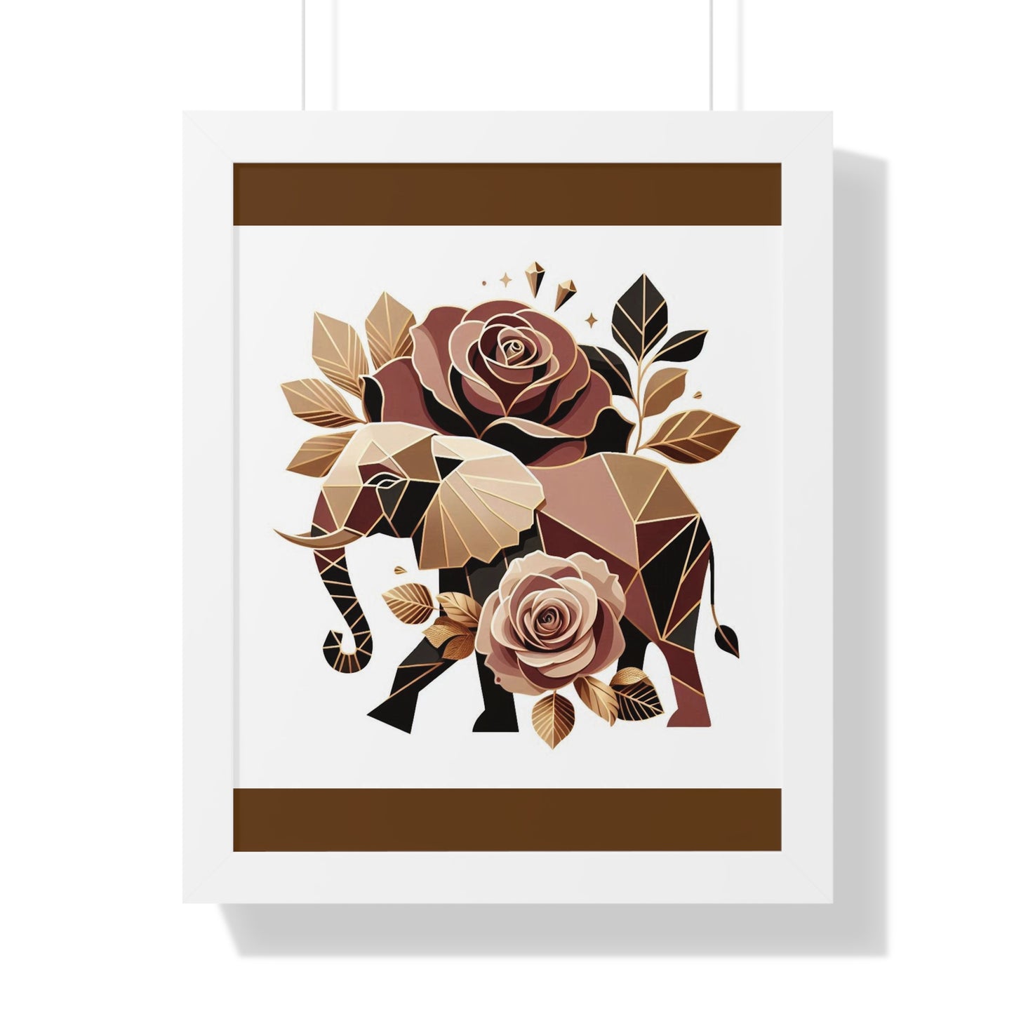 Vertical Poster - Brown & Gold Elephant & Roses Wall Art