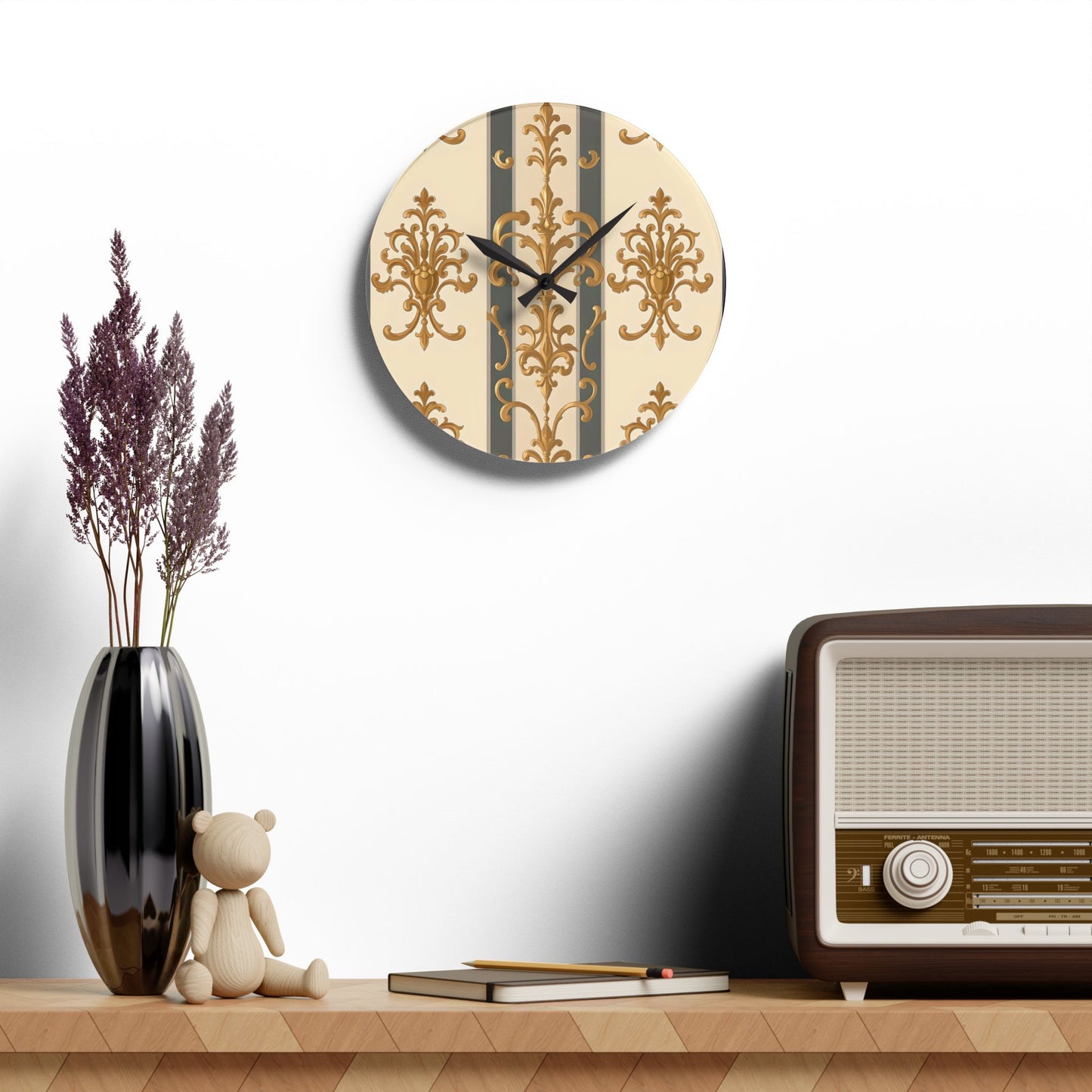 Bohemian Damask-Inspired Acrylic Wall Clock with Floral Design - Dusk Olive Striped Gold Damask