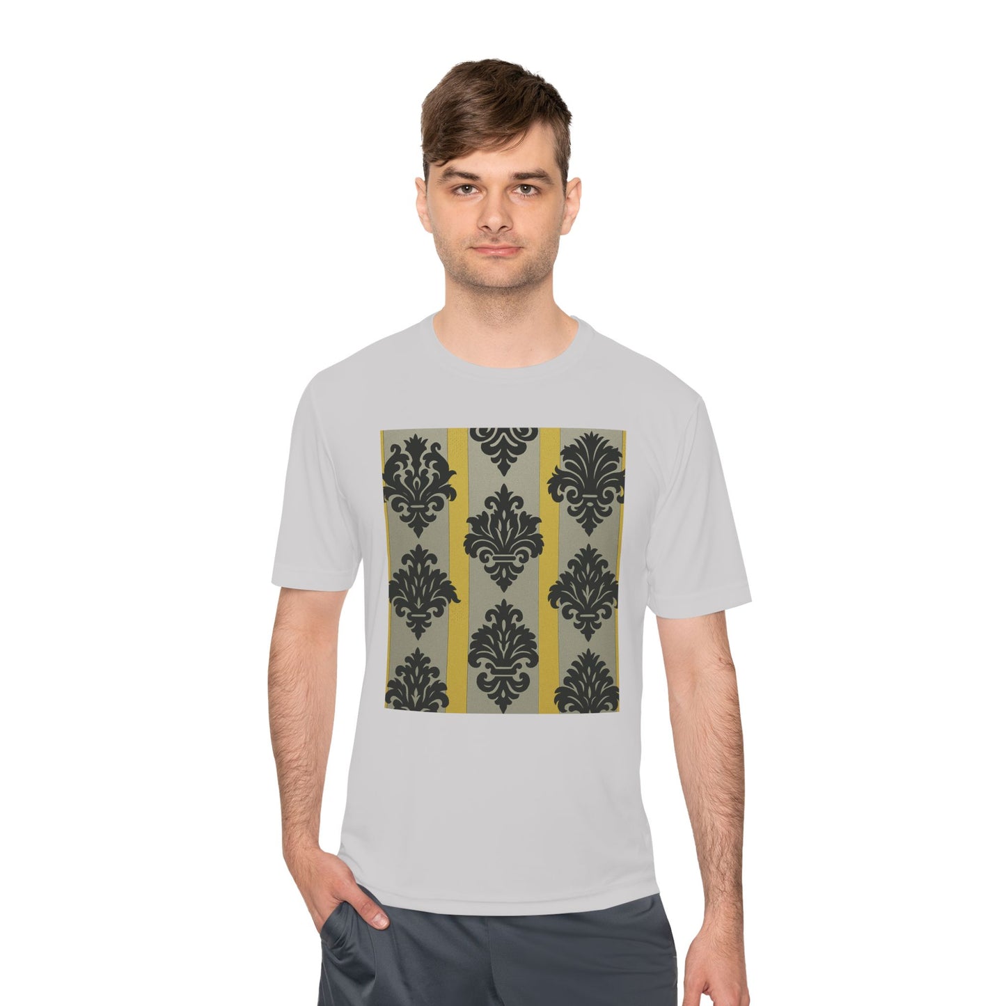 Elegant Patterned Unisex Moisture Wicking Tee, Activewear, Casual Tee, Gift for Him/Her, Stylish Sportswear - Silver & Gold Striped Black Baroque