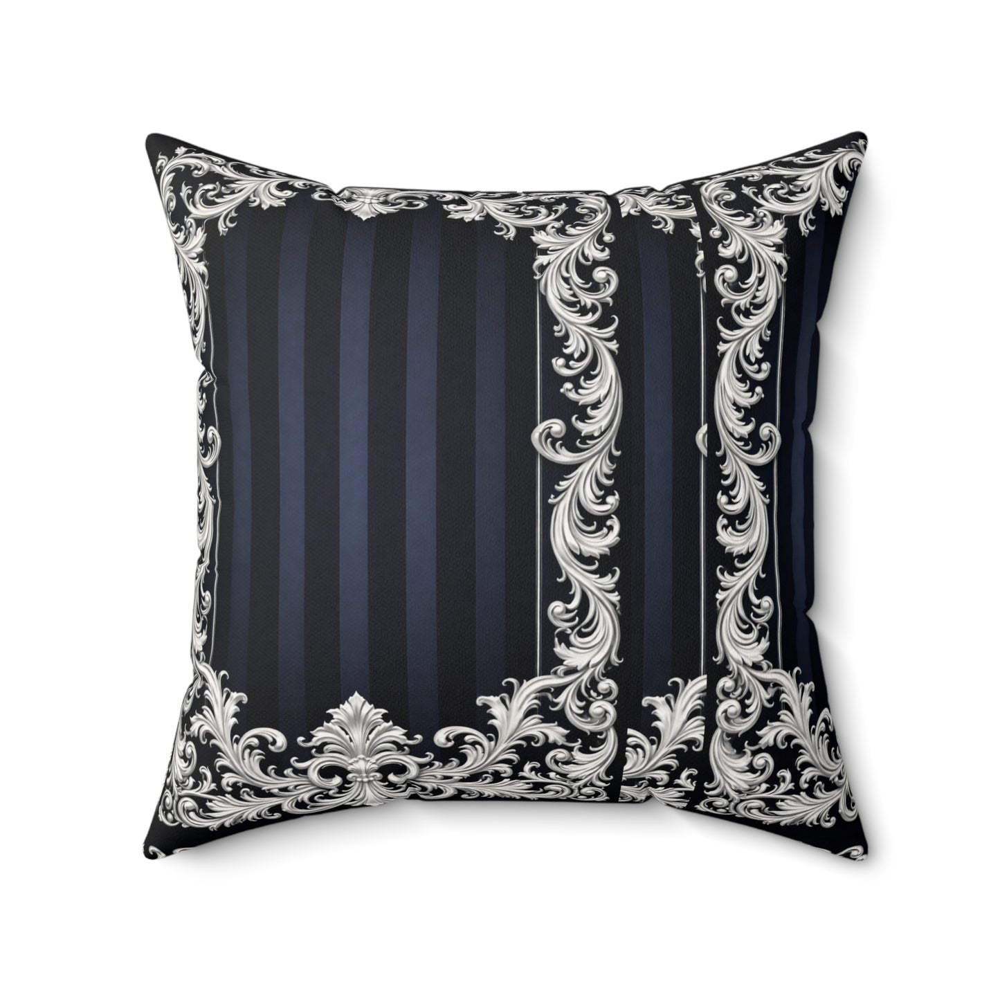 Navy Stripes & Baroque Suede Pillow — Decorative Square Throw Pillow with Ornate Silver Frame