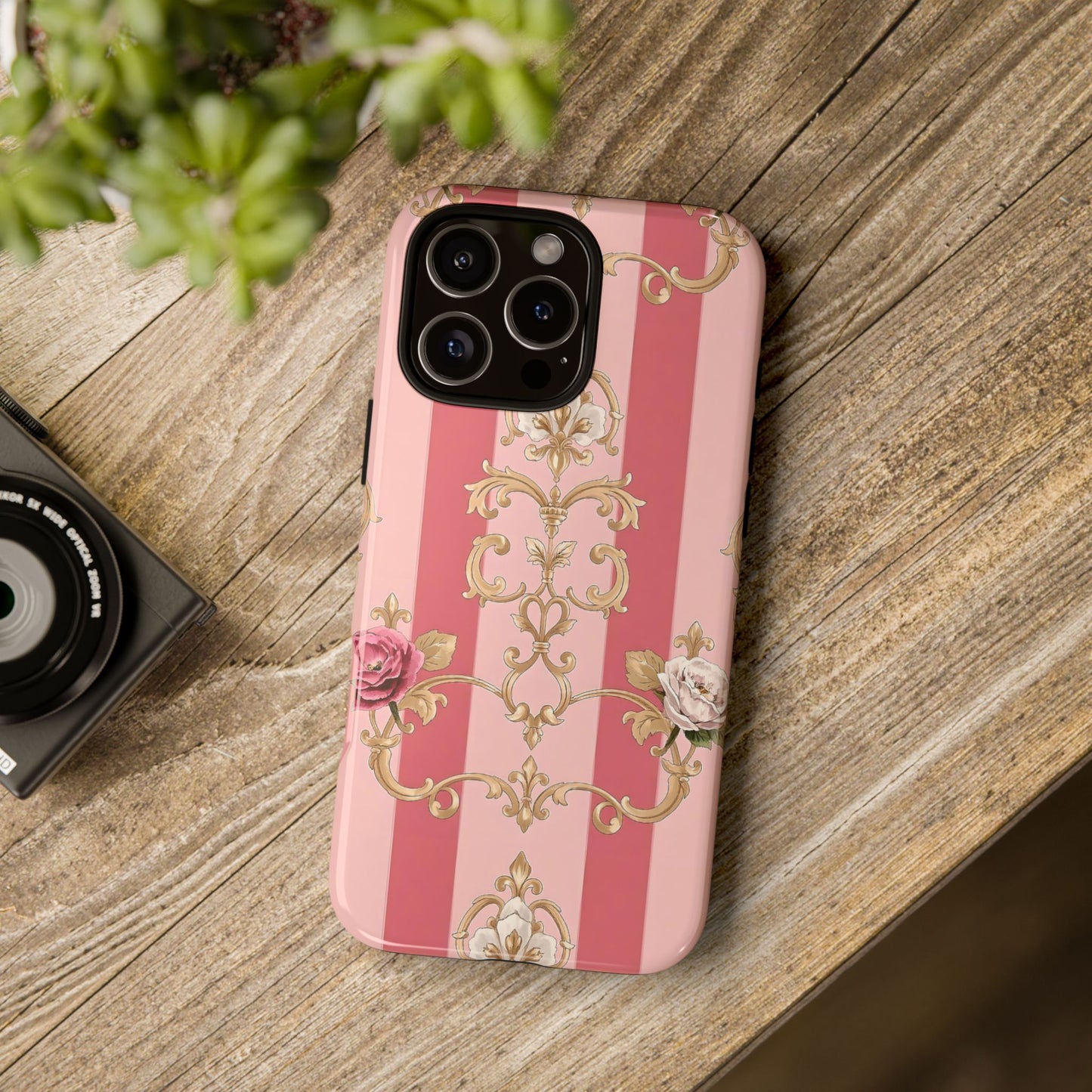 Elegant Floral Motif Phone Case - Tough Cases with Vintage Design - Pink Striped Roses & Damask
