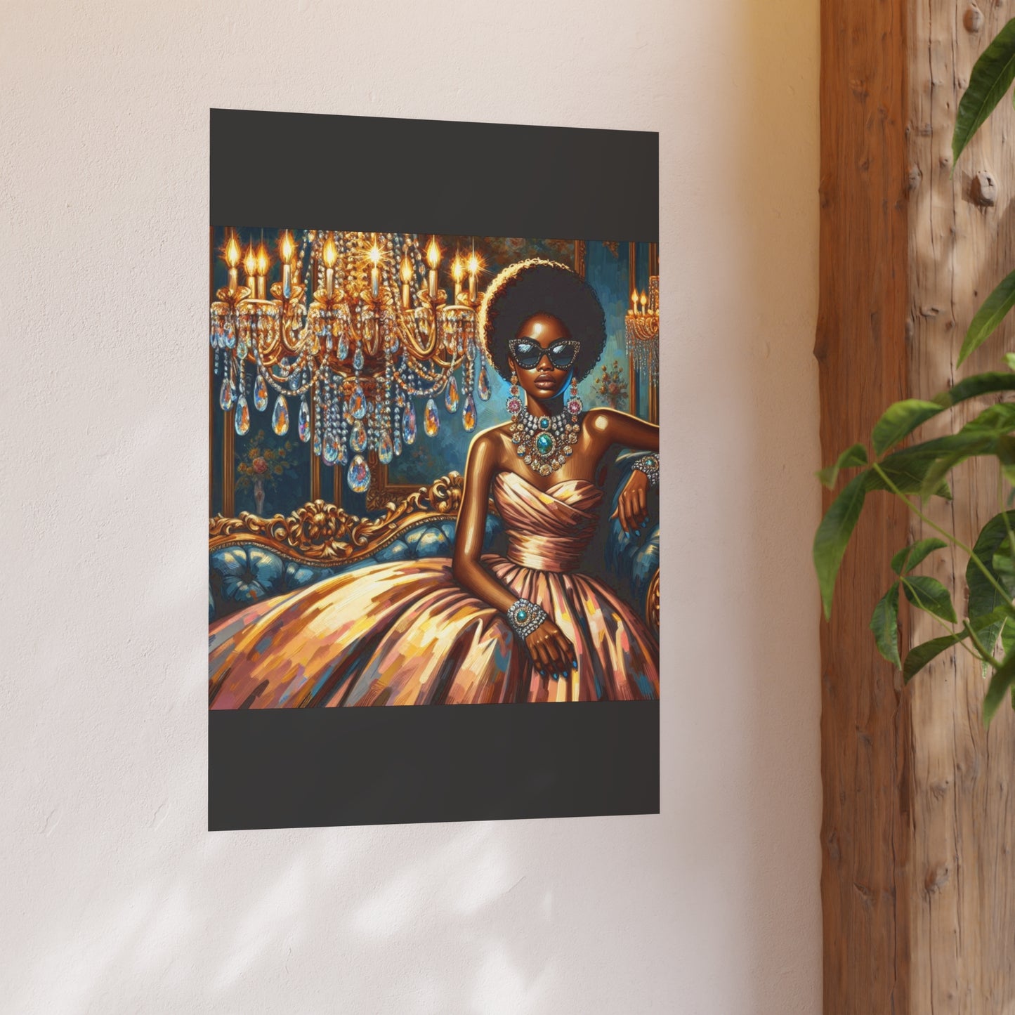 Elegant Glamour Satin Poster, Wall Art Decor, Modern Home Gallery, Gift for Art Lovers, Chic Interior Decoration - Elegant Lady & Chandelier