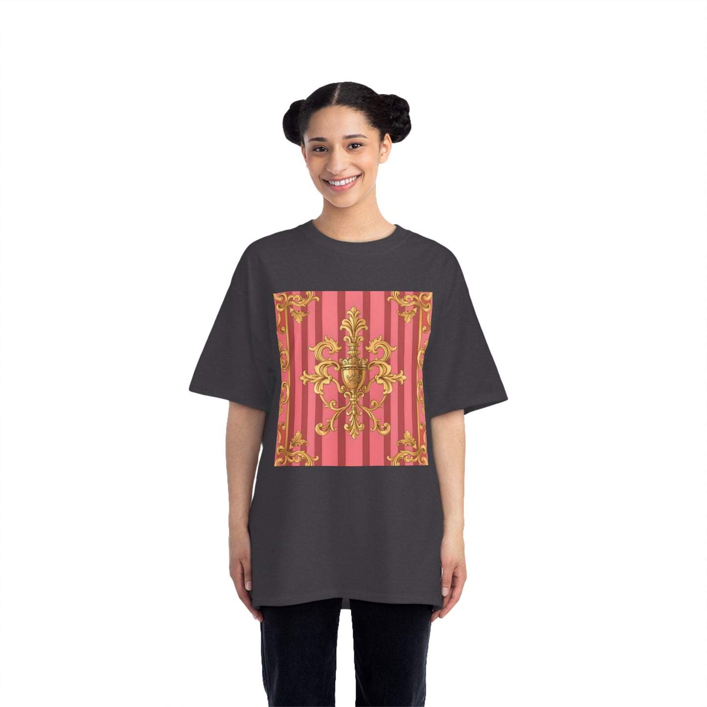 Chic Vintage Style Short-Sleeve T-Shirt - Elegant Baroque Design | Fashion Top, Gift for Her, Casual Wear - Pink Striped Gold Baroque