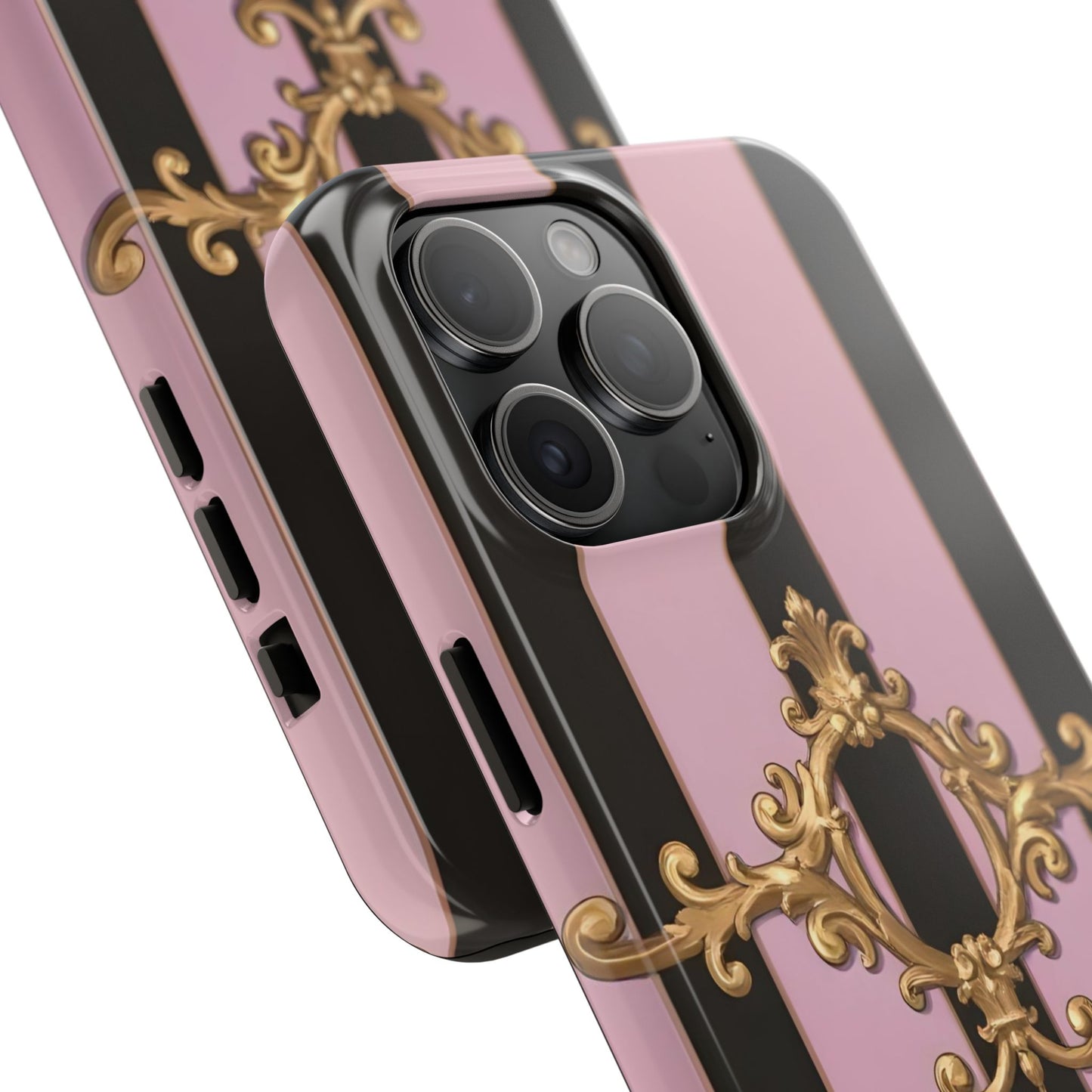Stylish Tough Phone Case for Elegant Protection, Fashionable Accessories, Smartphone Cover - Matte Lavender & Black Striped Gold Baroque