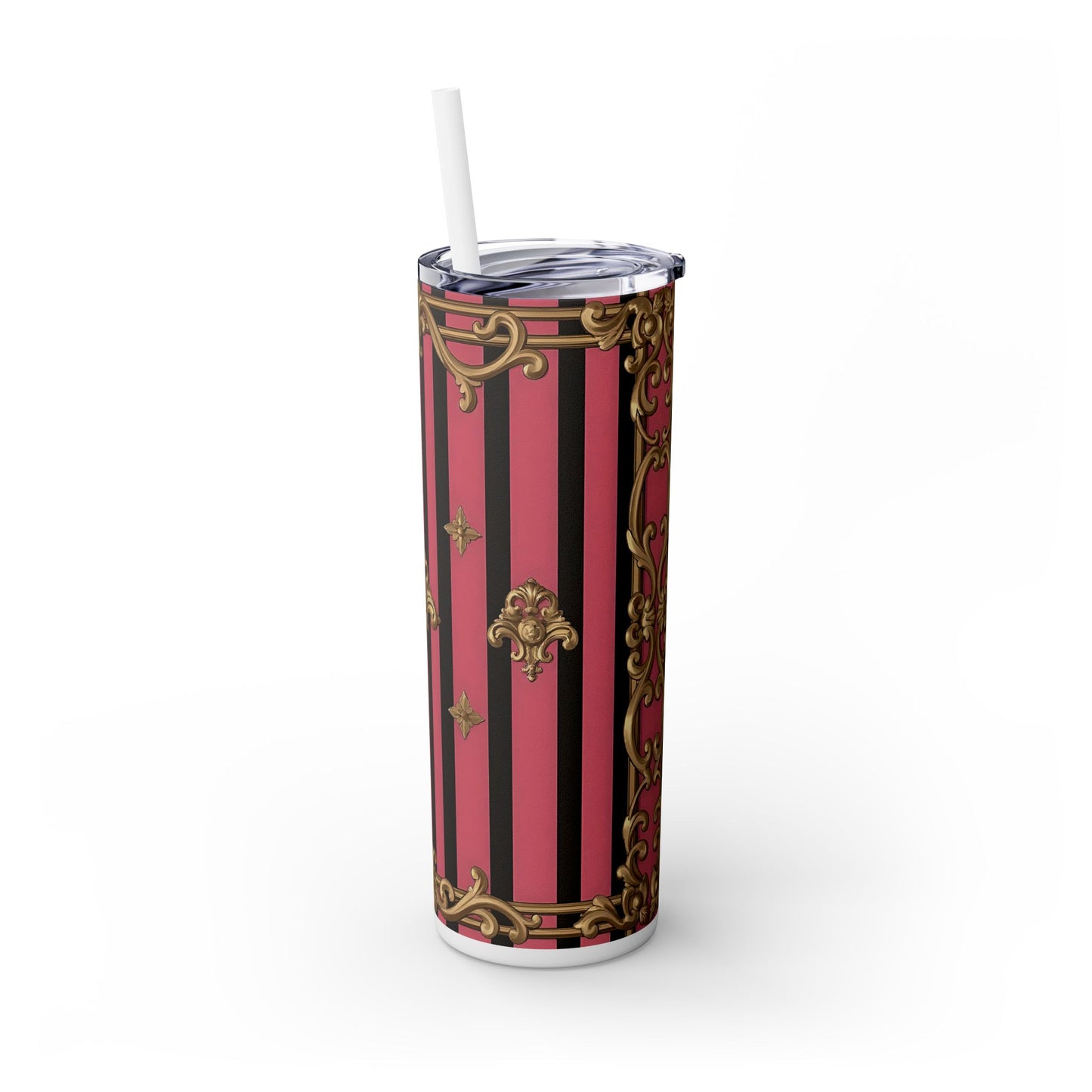 Elegant Pink Striped Skinny Tumbler with Straw, 20oz, Stylish Drinkware, Custom Gift Idea, Travel Mug, Wedding Gift - Pink Striped Gold Rococo
