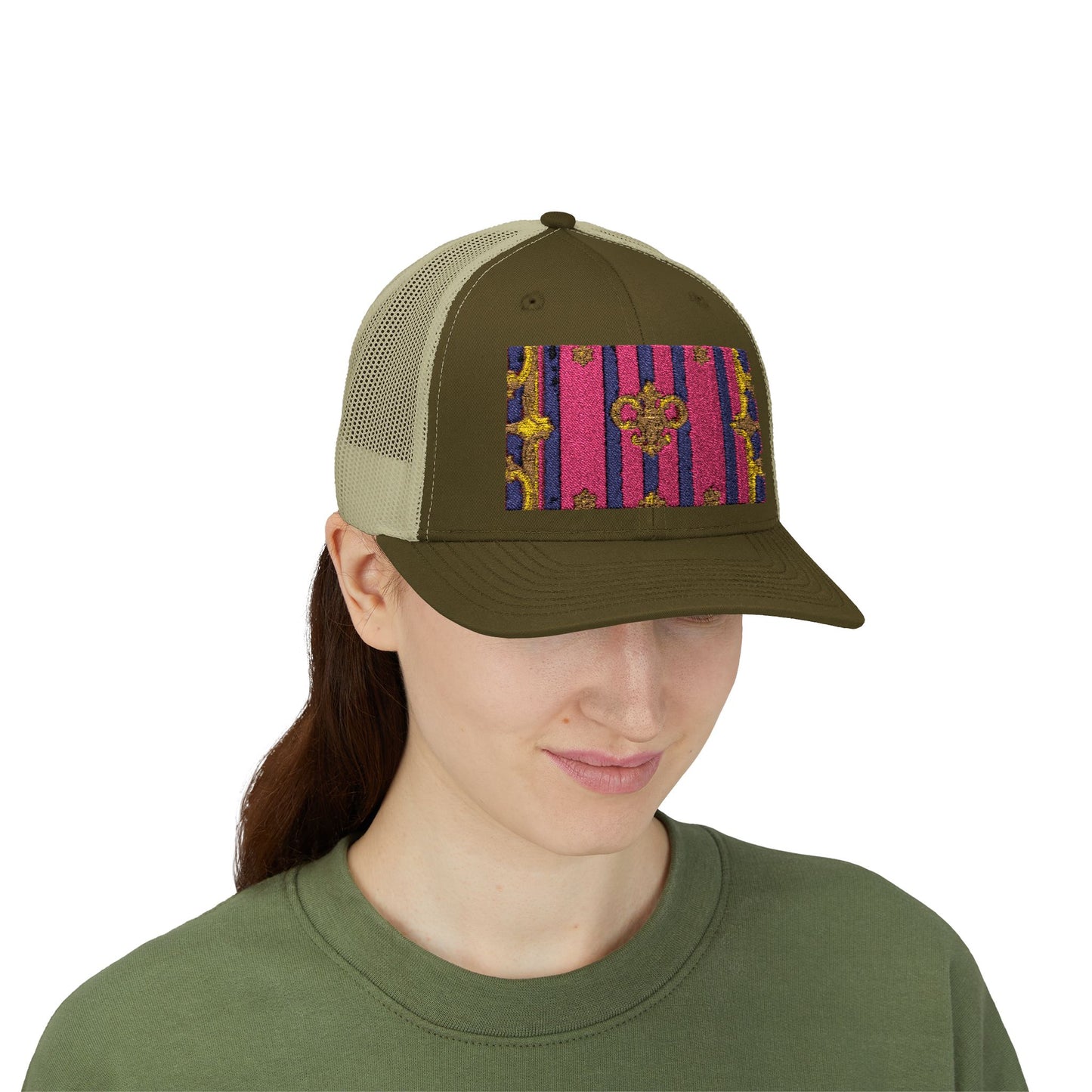 Vibrant Snapback Trucker Cap, Stylish Outdoor Hat, Trendy Fashion Accessory, Gift for Him or Her - Pink Striped Gold Baroque