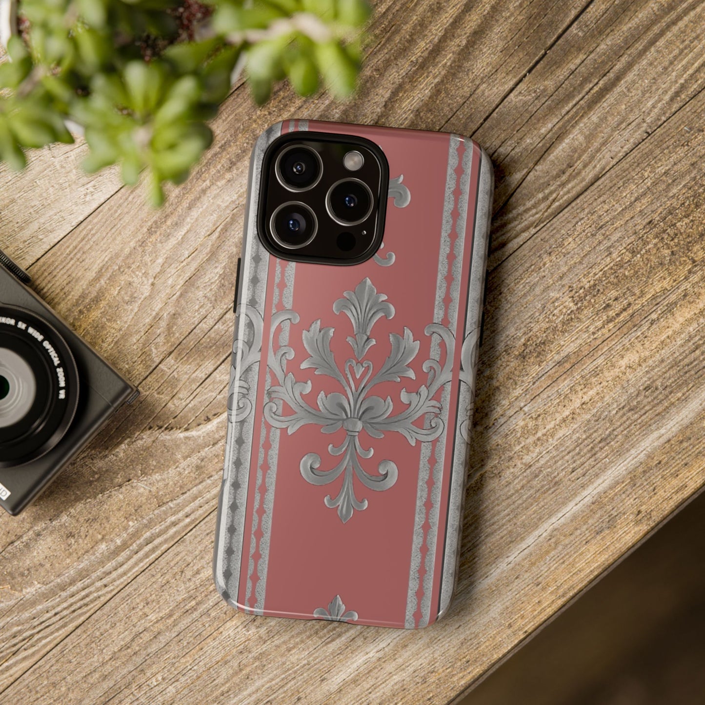 Elegant Floral Phone Case - Tough Cases for Stylish Protection - Gray & Mauve Striped Baroque