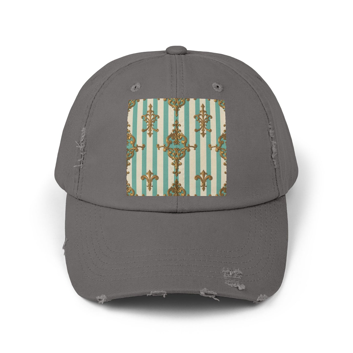 Stylish Unisex Distressed Cap with Vintage Pattern, Casual Hat for Everyday Wear, Gift for Birthdays - Matte Green Striped Rococo