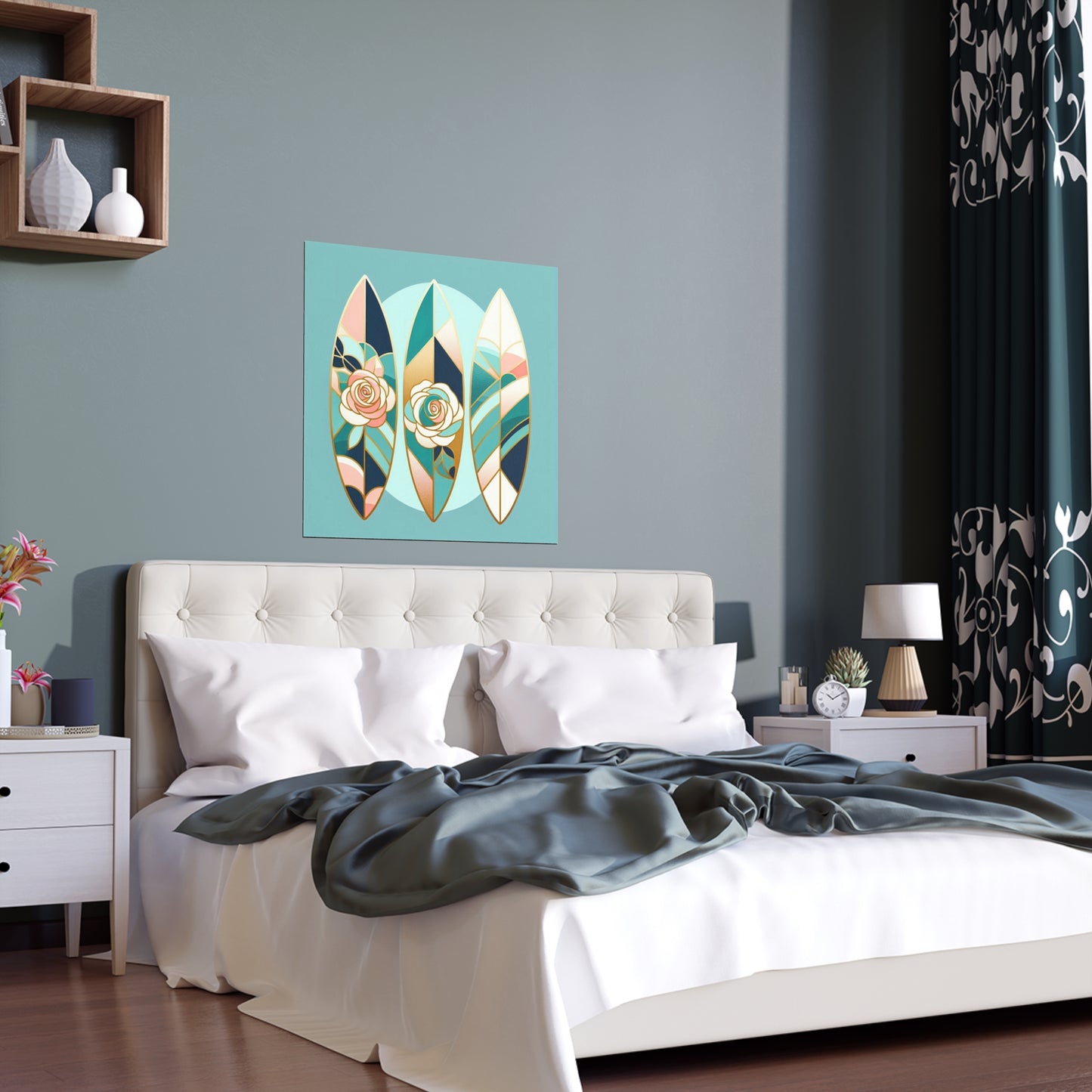 Elegant Floral Silk Poster - Indoor/Outdoor Wall Art for Home Decor - Blue, Pink & Aqua Surfboard & Roses