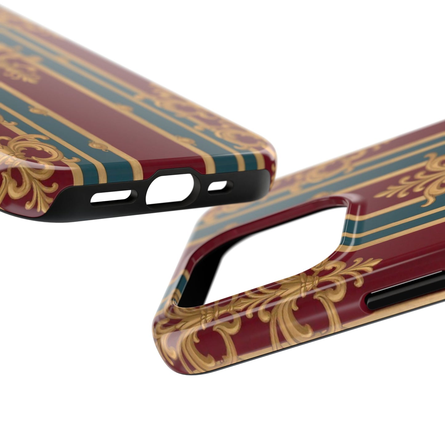 Elegant Vintage Tough Phone Case, Luxury Phone Protection, Stylish Phone Cover, Durable Phone Accessory - Burgundy Striped Gold Baroque