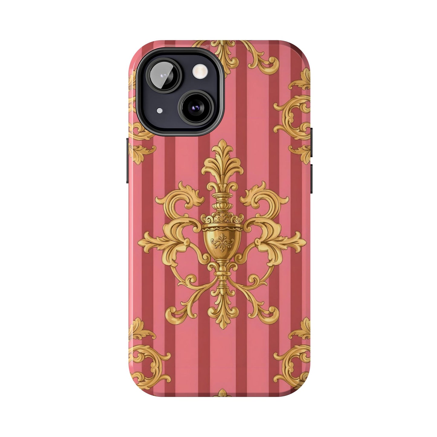 Elegant Baroque Tough Phone Cases, Durable Phone Cover, Stylish Accessory, Gift for Any Occasion - Pink Striped Gold Baroque