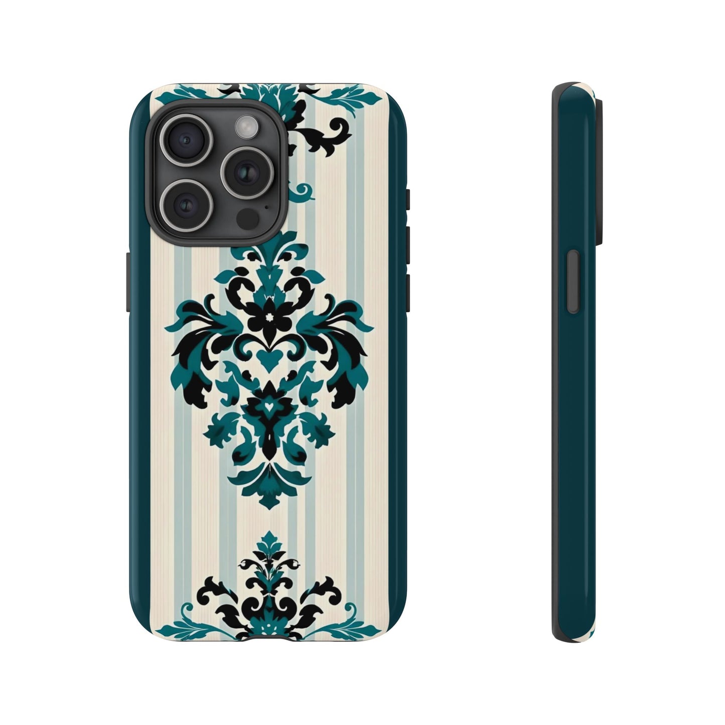Elegant Floral Phone Case - Tough Cases with Vintage Design - Teal Striped Damask