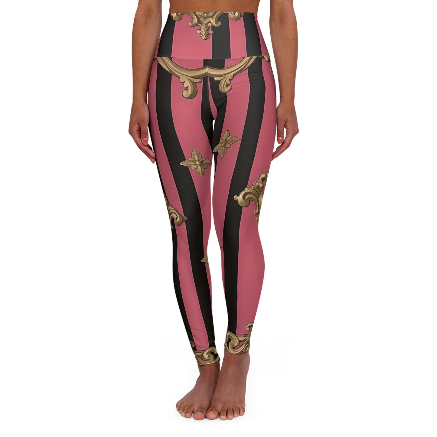 Chic High Waisted Yoga Leggings, Trendy Fitness Leggings, Stylish Workout Gear, Athleisure Wear, Gifts for Yoga Lovers - Pink Striped Gold Rococo