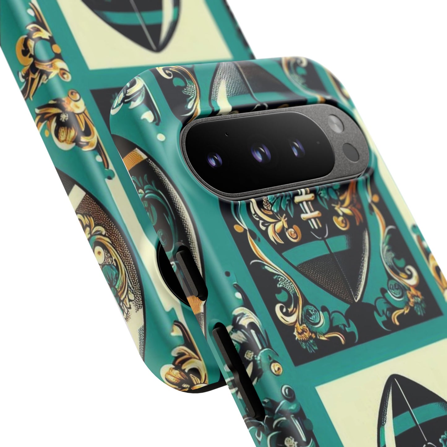 Elegant Floral Motif Phone Case - Tough Cases with Vintage Design -  Damask Teal, Gold & Black Footballs