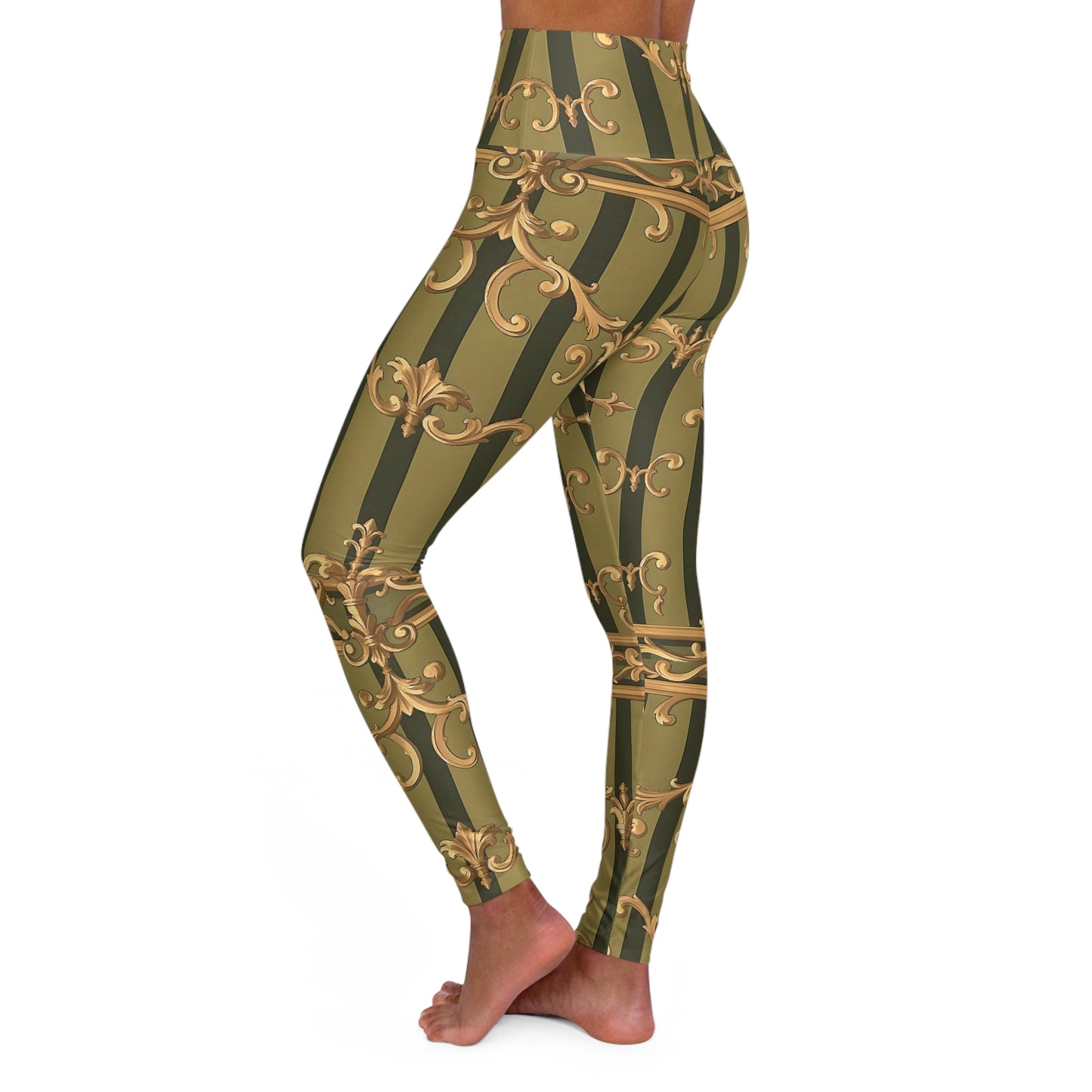 Chic High Waisted Yoga Leggings - Stylish Activewear for Fitness, Yoga, Pilates, Dance, Trendy Athleisure - Olive Green Striped Rococo