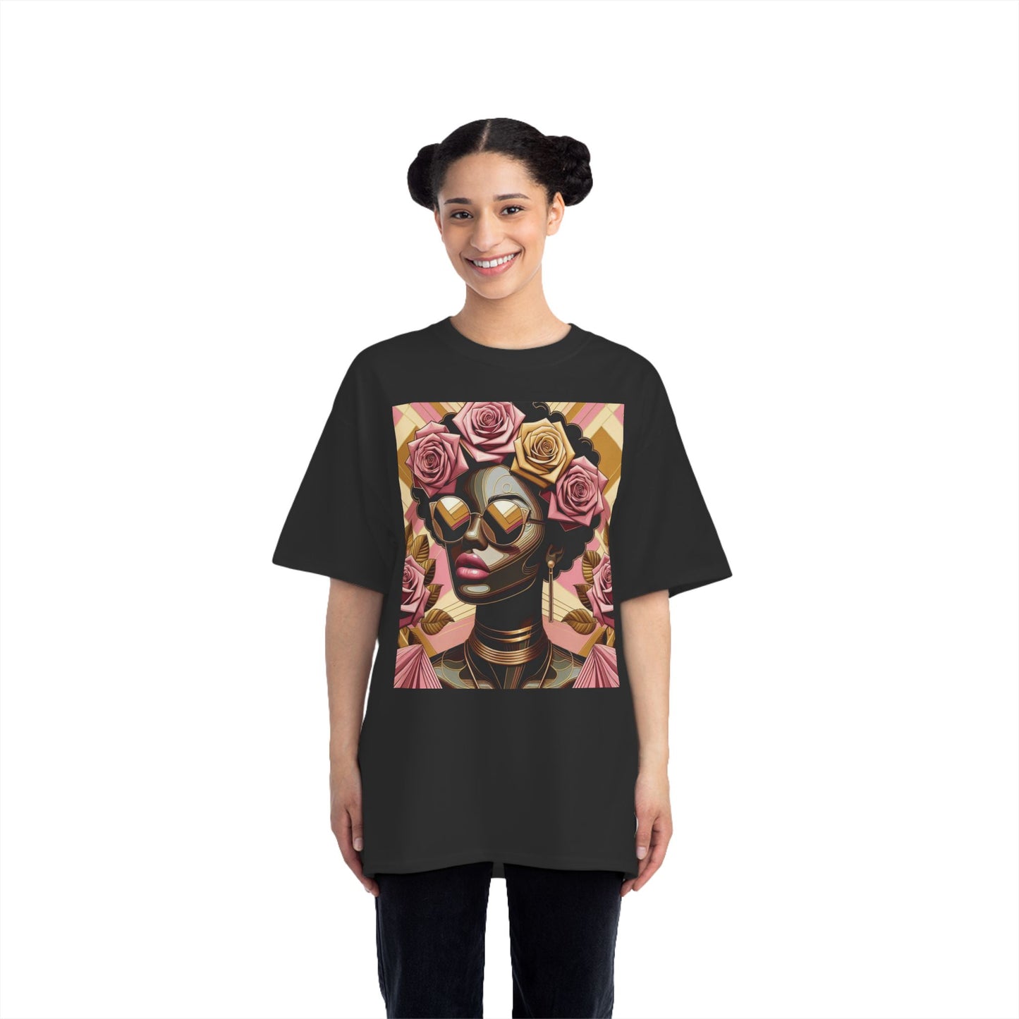 Artistic Floral Feminine T-Shirt, Stylish Tee with Mixed Media Design, Vibrant Short-Sleeve Top, Trendy Casual Wear - Pink Roses Lady