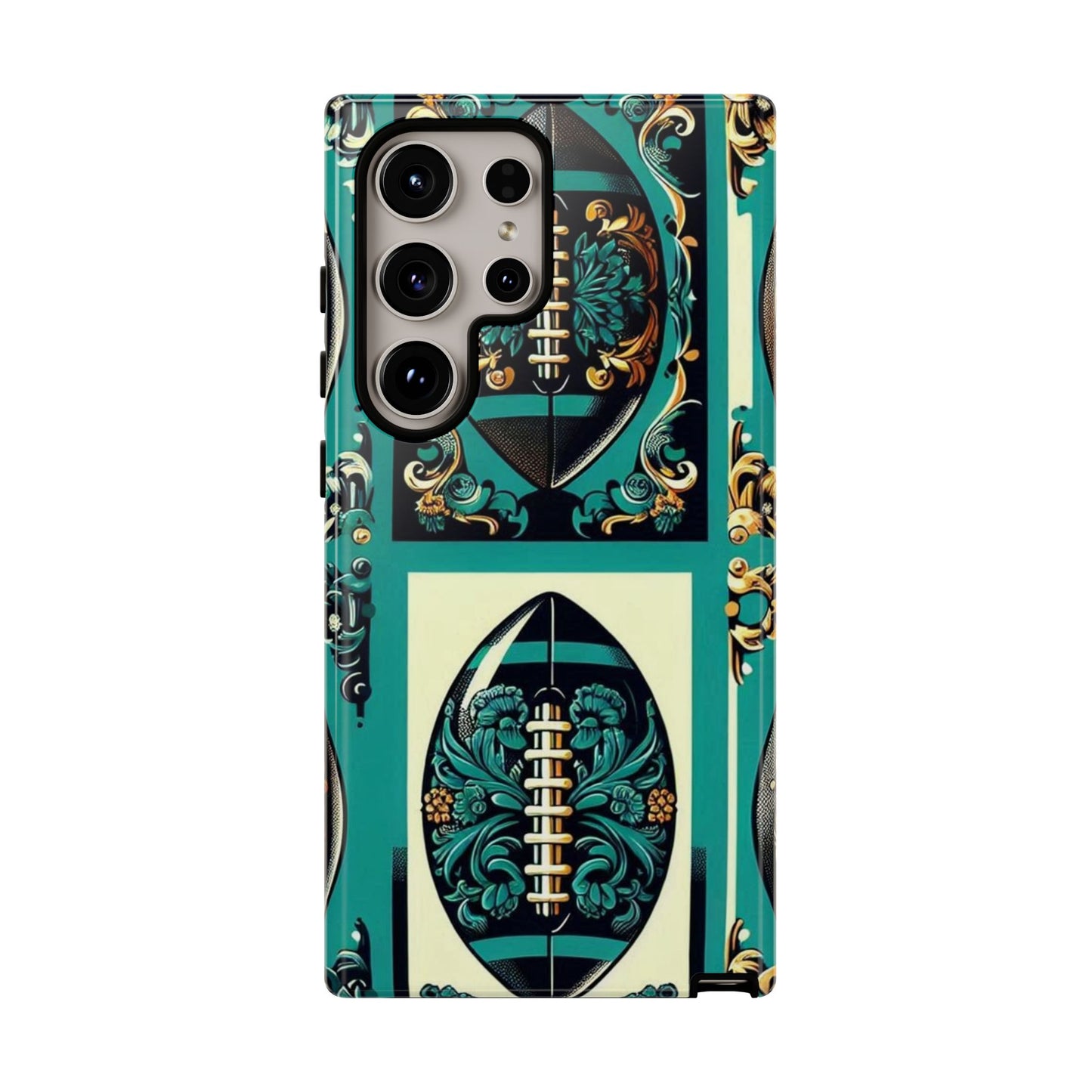 Elegant Floral Motif Phone Case - Tough Cases with Vintage Design -  Damask Teal, Gold & Black Footballs