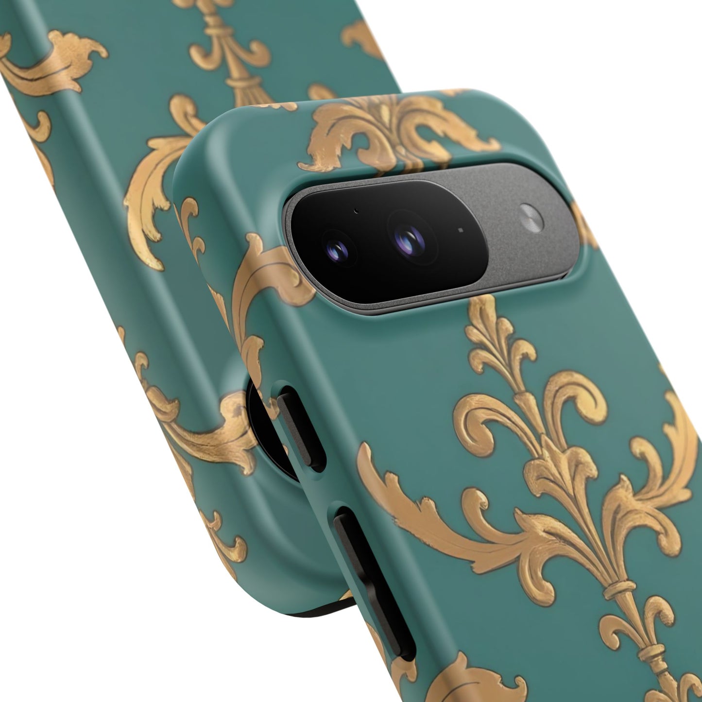 Elegant Floral Motif Phone Case - Tough Cases with Vintage Design - Aqua & Gold Damask
