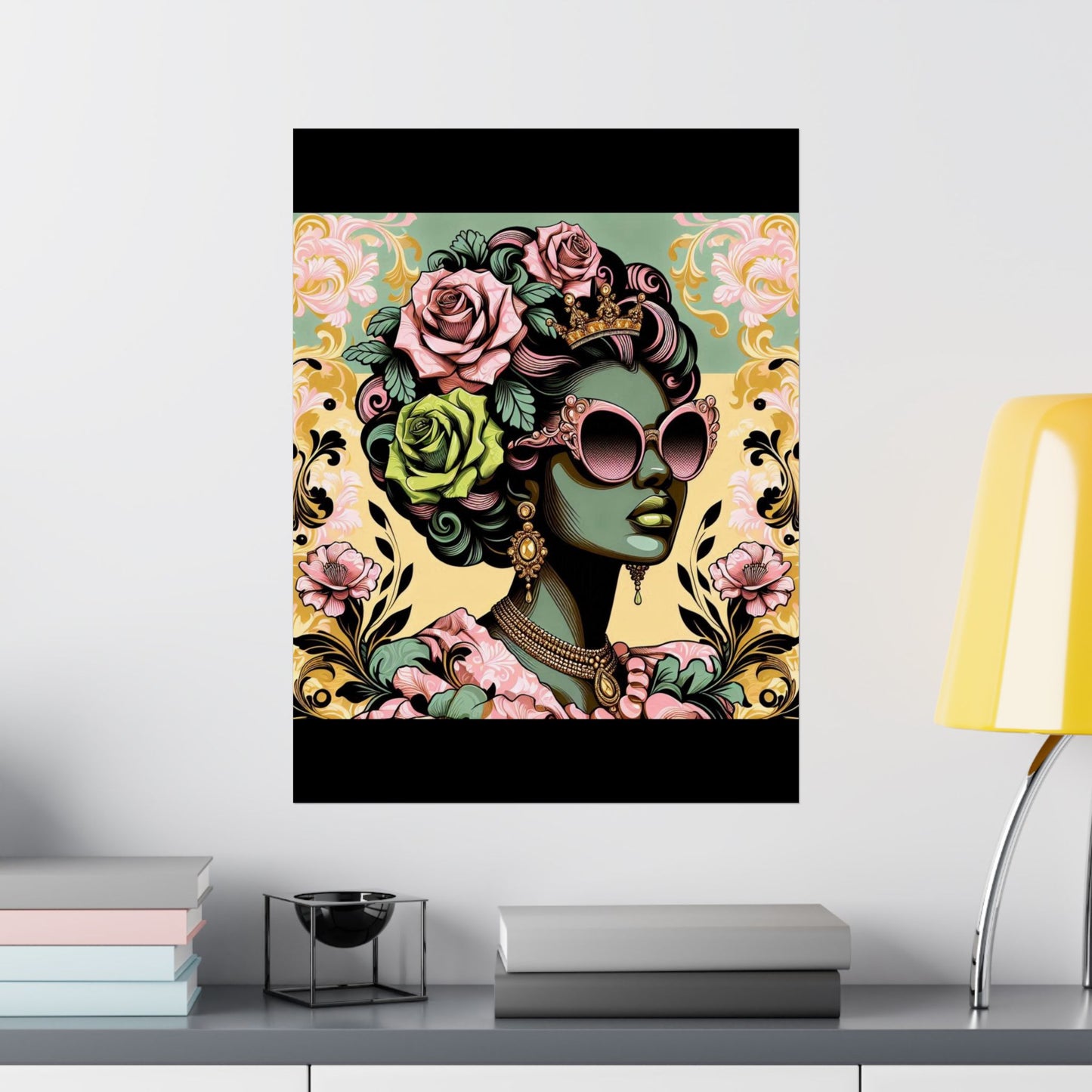 Floral Afro Art Poster - Elegant Matte Vertical Wall Decor - Mint Green Lady With Damask & Roses