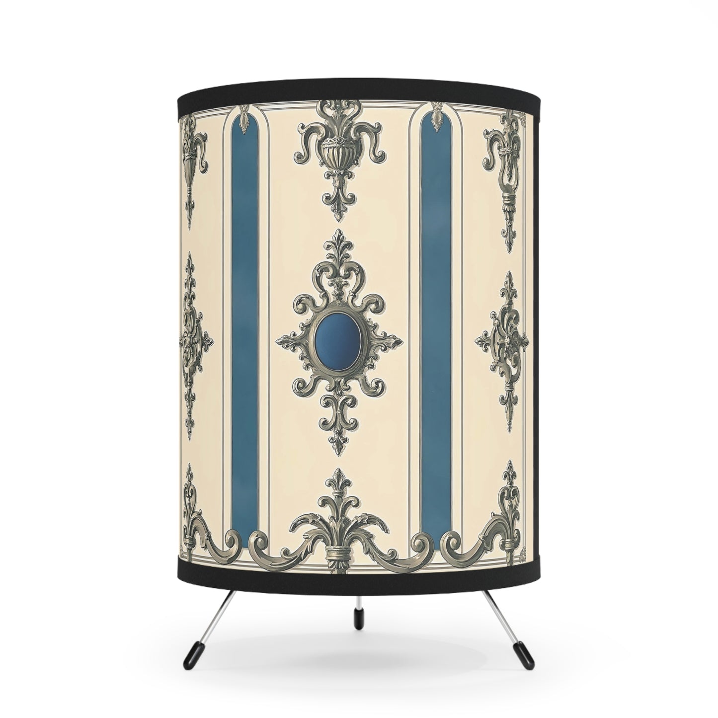 Elegant Tripod Lamp with Vintage Floral Design Shade - Alabaster & Ocean Blue Baroque