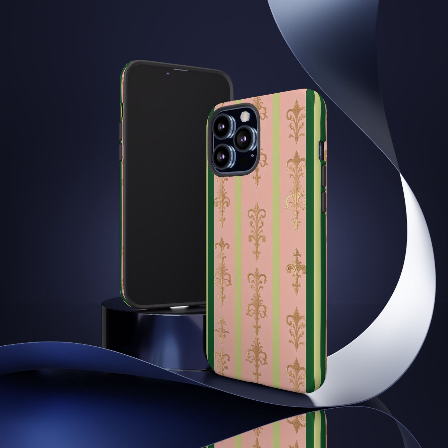 Elegant Floral Motif Phone Case - Tough Cases with Vintage Design - Lime Green & Pink Striped Damask
