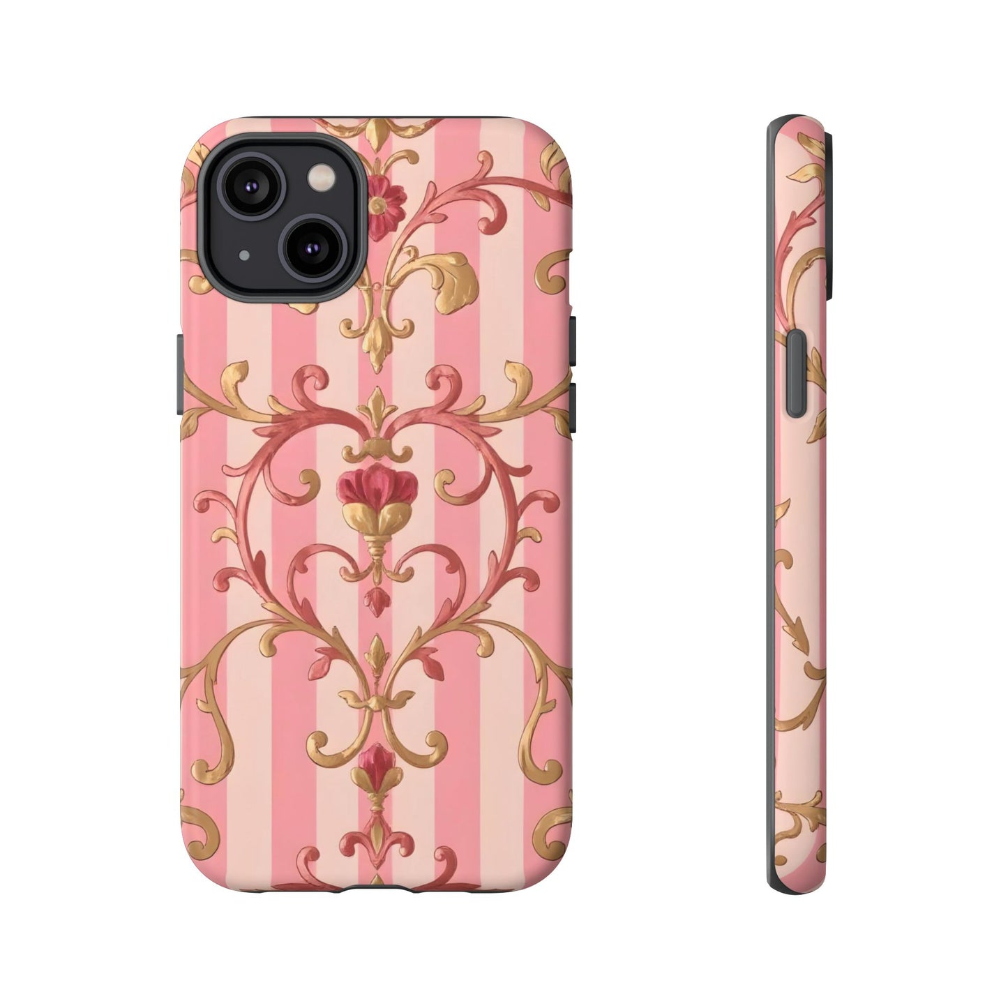 Elegant Floral Motif Phone Case - Tough Cases with Vintage Design - Pink Striped Rose Gold Damask