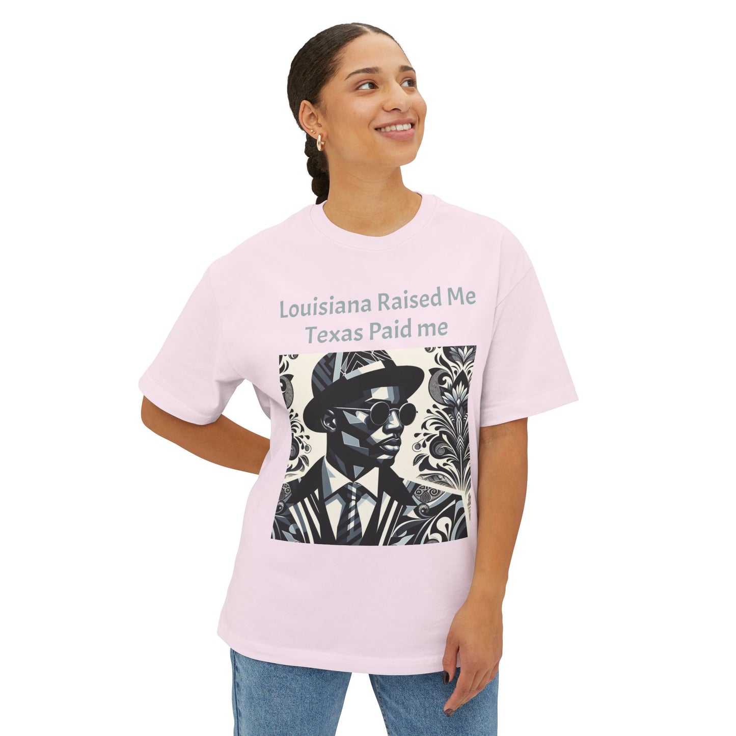 Louisiana Raised Me Texas Paid Me Oversized Tee, Unisex Boxy T-Shirt, Graphic Tee, Black Culture Shirt, Statement Shirt - Mint Gray Letters