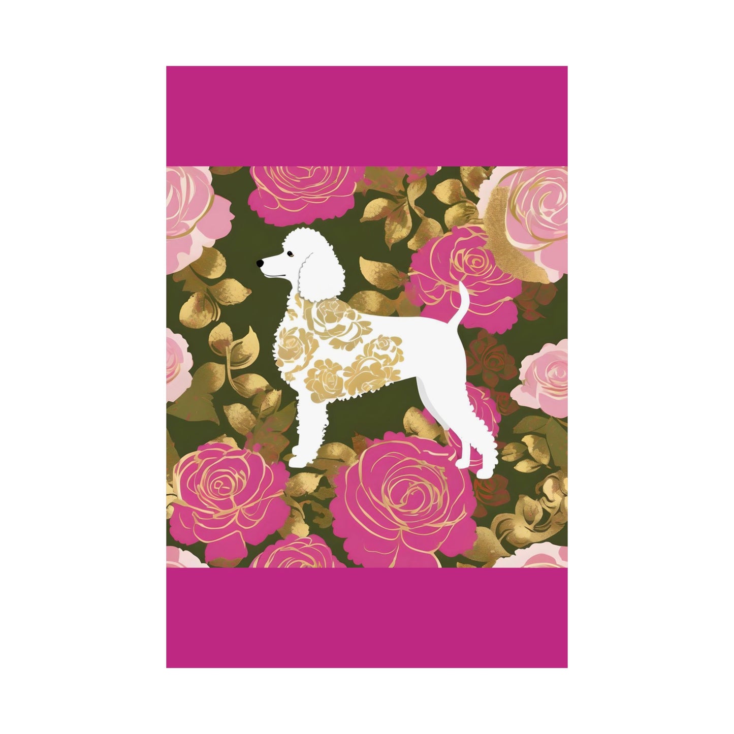 Vertical Poster - Elegant Matte Floral Art Wall Decor - Damask White Poodle and Pink Roses