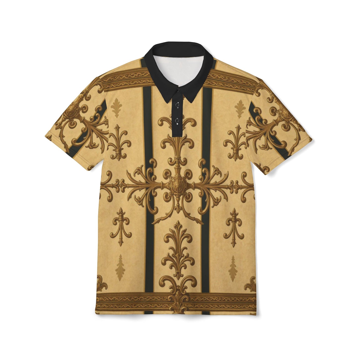 Elegant AOP Unisex Polo Shirt | Stylish Casual Wear, Unique Gift for Men & Women, Fashionable Summer Outfit - Matte Yellow Striped Antique Rococo