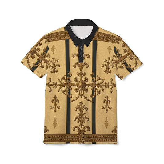 Elegant AOP Unisex Polo Shirt | Stylish Casual Wear, Unique Gift for Men & Women, Fashionable Summer Outfit - Matte Yellow Striped Antique Rococo
