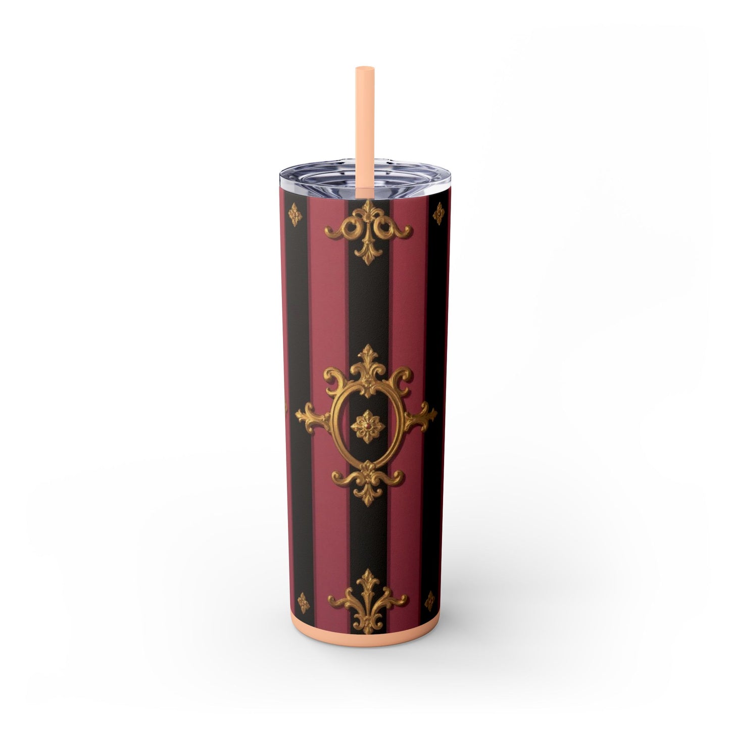 Elegant Black & Mauve Striped Gold Baroque Striped Skinny Tumbler with Straw, 20oz | Vintage Gold Accent Drinkware, Wedding Gift, Party Favor, Travel Mug