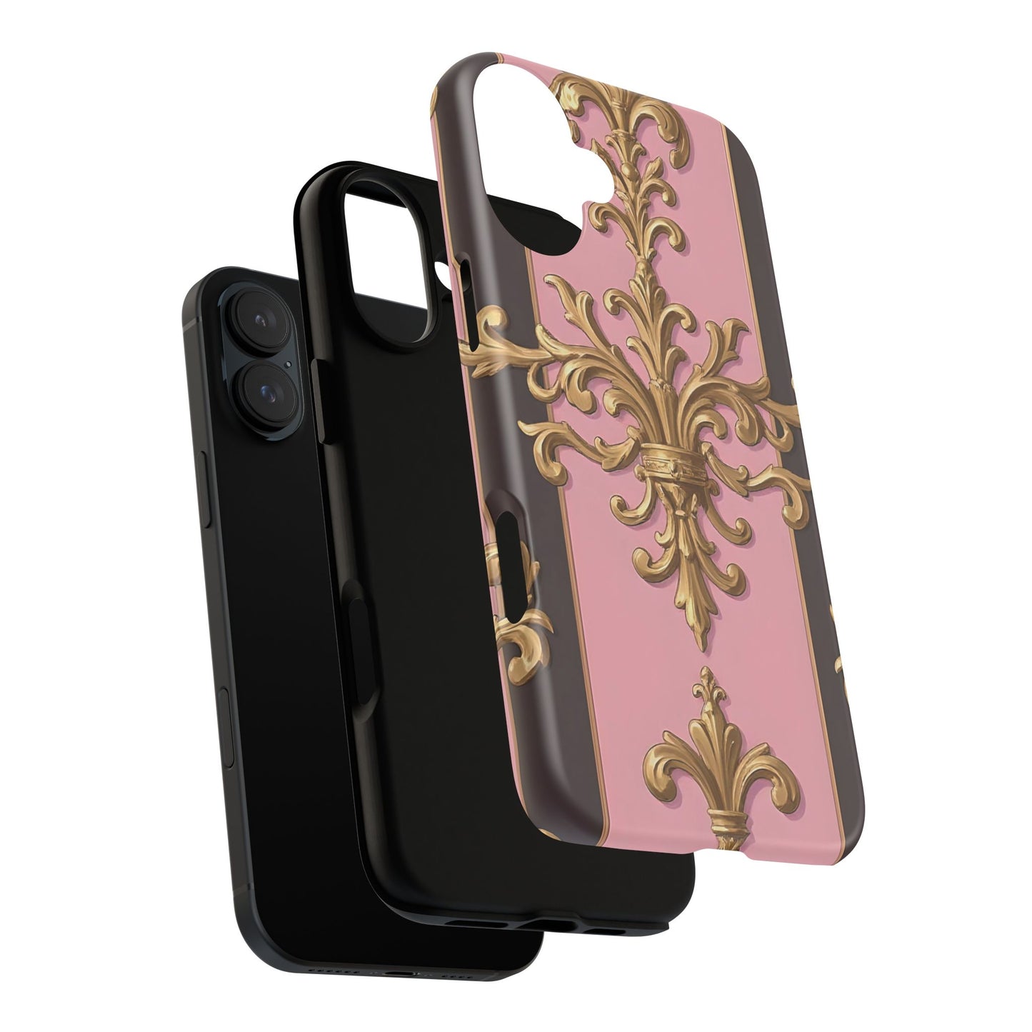 Elegant Floral Motif Phone Case - Tough Cases with Vintage Design - Pink & Brown Striped Gold Damask