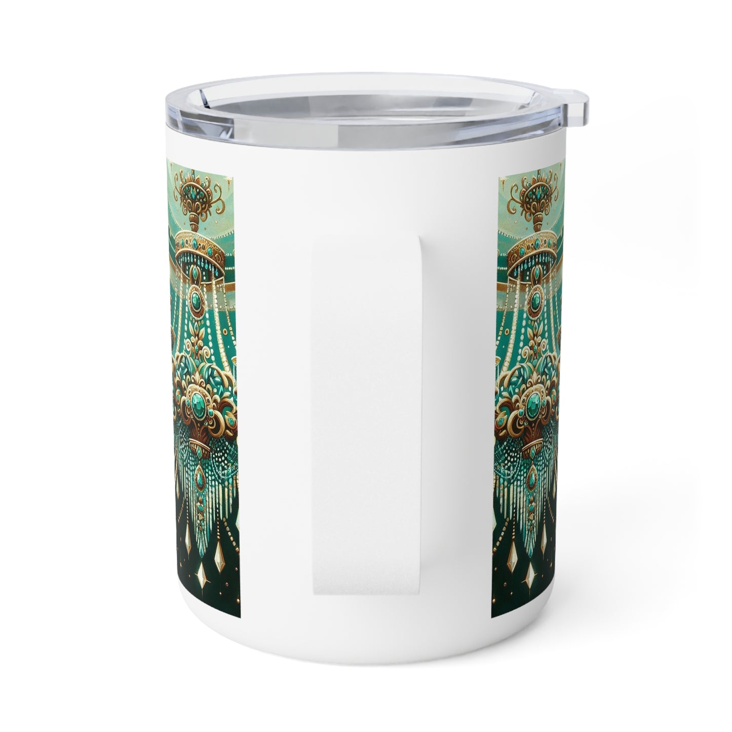Insulated Coffee Mug, 10oz - Green & Gold Jeweled Chandelier