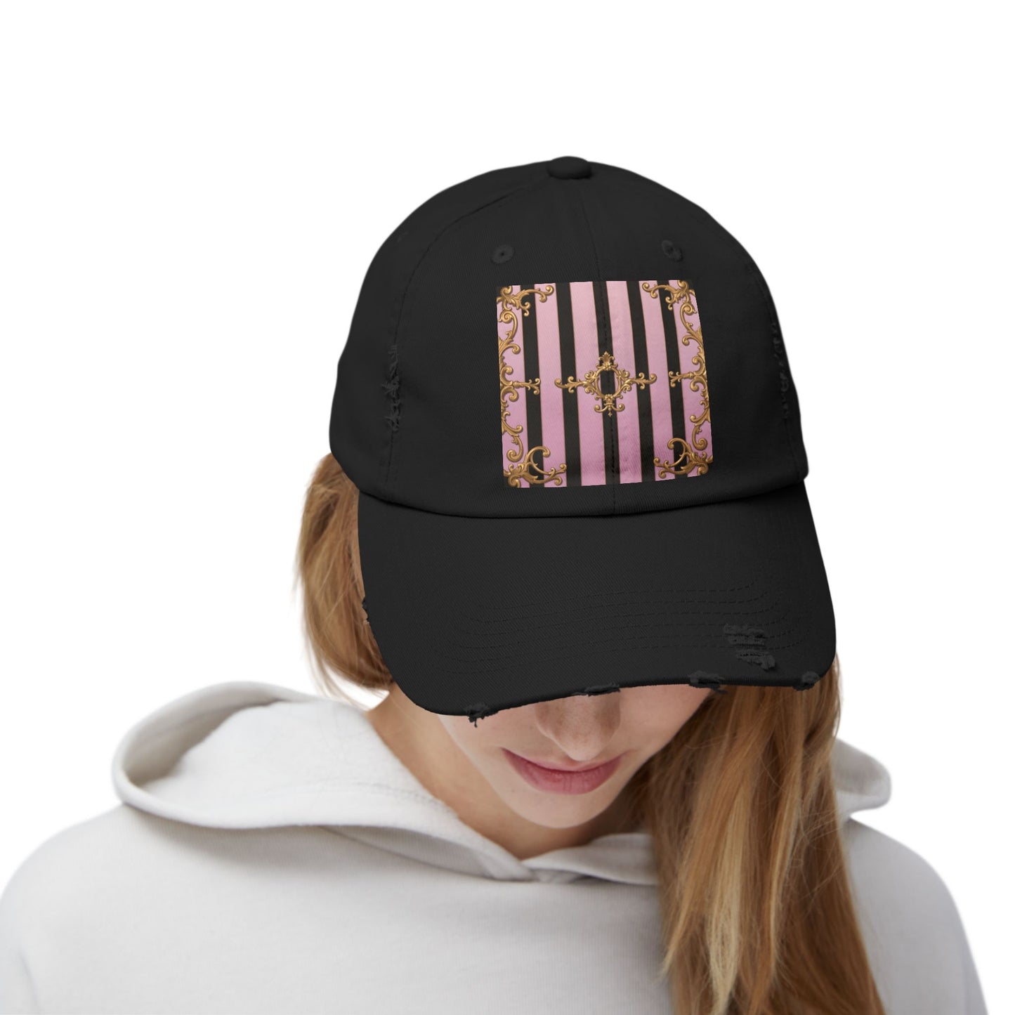 Chic Distressed Cap, Trendy Fashion Accessory, Summer Style Hat, Unique Gift for Her - Matte Lavender & Black Striped Gold Baroque
