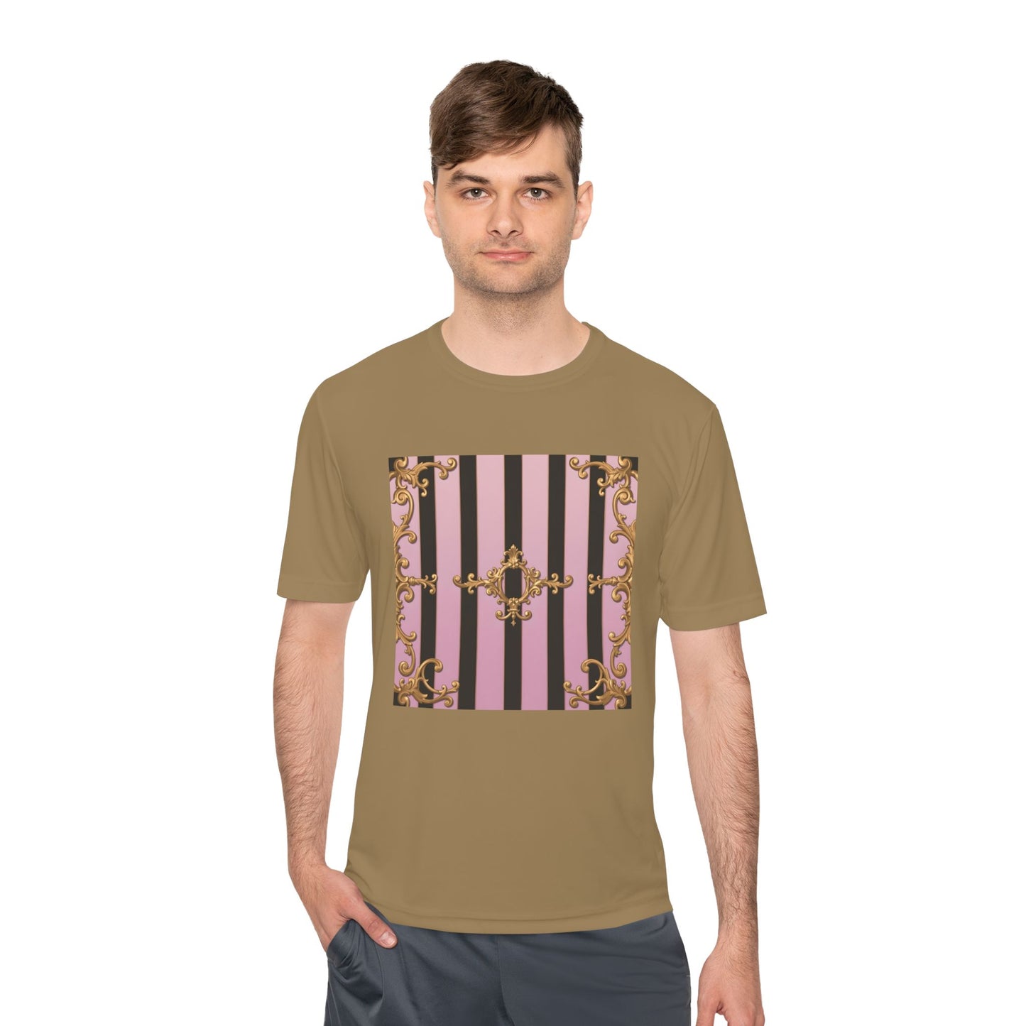 Elegant Striped Unisex Moisture Wicking Tee, Stylish Workout T-Shirt, Fashionable Athletic Top - Matte Lavender & Black Striped Gold Baroque