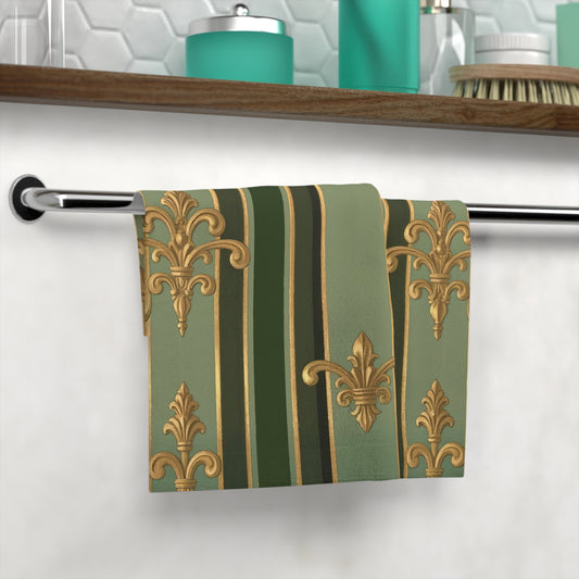 Elegant Baroque Face Towel - Luxurious Bathroom Decor, Spa Gift, Home Aesthetic, Decorative Towel, Wedding Gift - Green Striped Gold Baroque