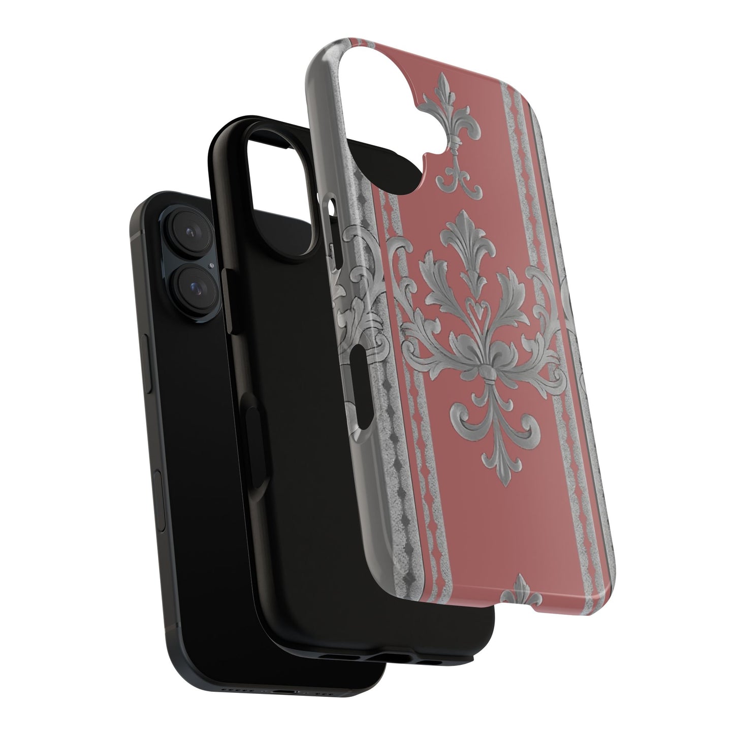 Elegant Floral Phone Case - Tough Cases for Stylish Protection - Gray & Mauve Striped Baroque