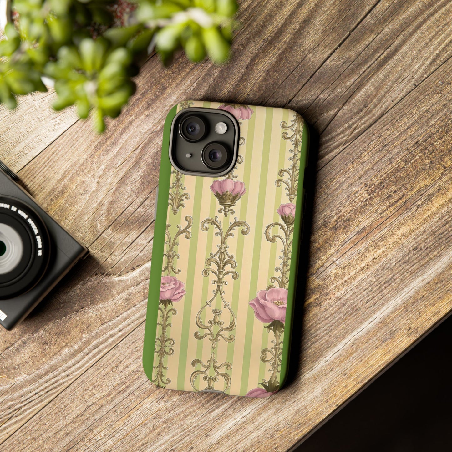 Elegant Floral Motif Phone Case - Tough Cases with Vintage Design - Lime Green & Pink Striped Damask