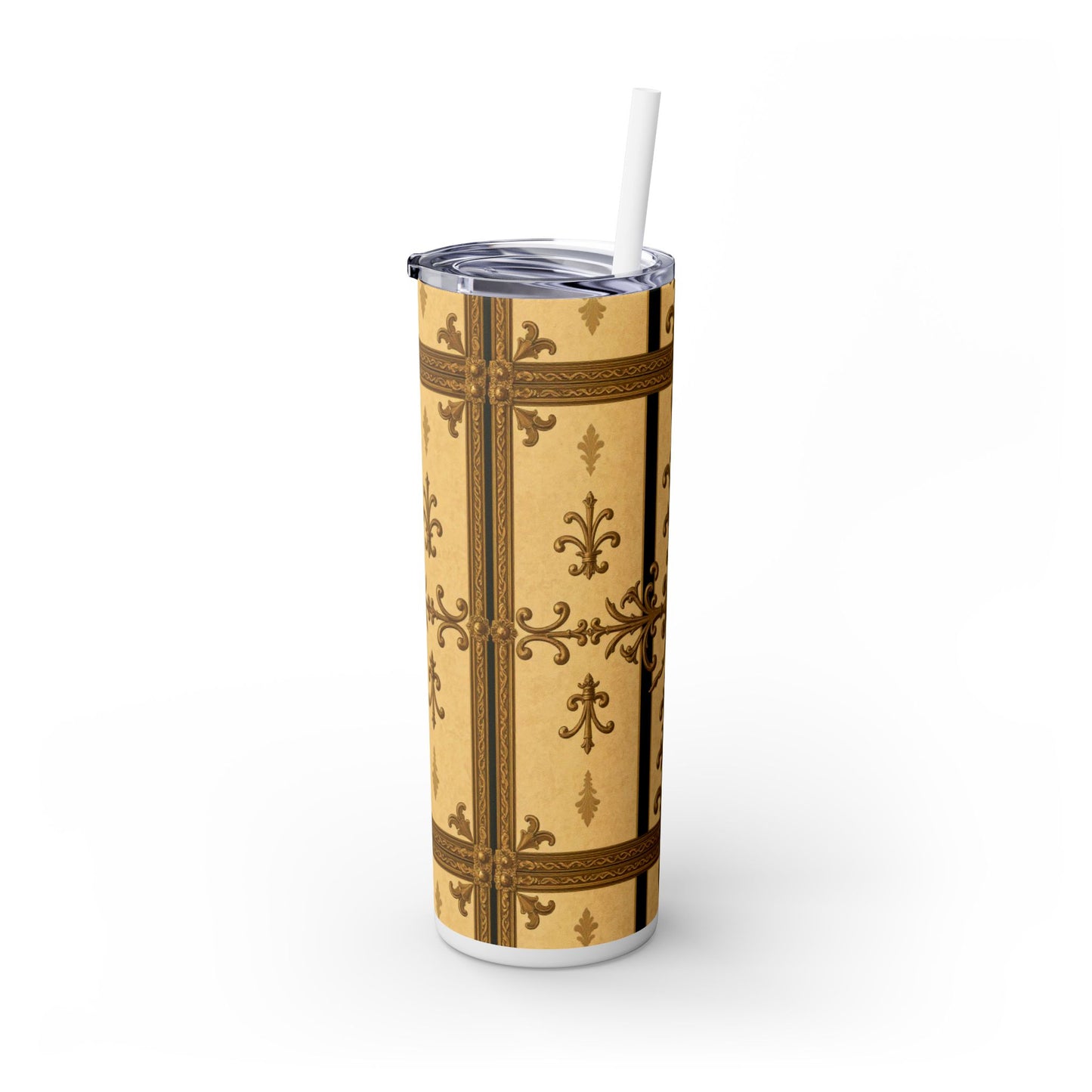 Elegant Vintage Skinny Tumbler, 20oz Insulated Drink Cup, Perfect for Home, Office, Gifts, Holidays, Travel - Matte Yellow Striped Antique Rococo