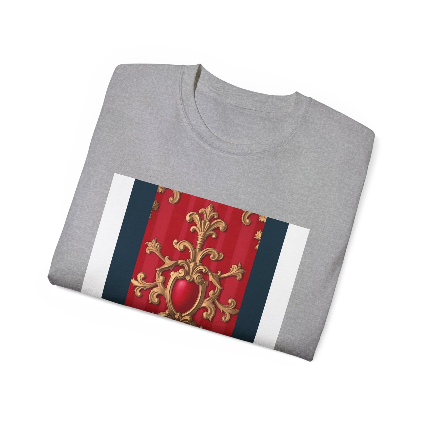 Regal Red Baroque T-Shirt, Artistic Tee, Gift for Art Lovers, Fashionable Statement Shirt, Unique Graphic Top - Blue, Red & White Striped Baroque