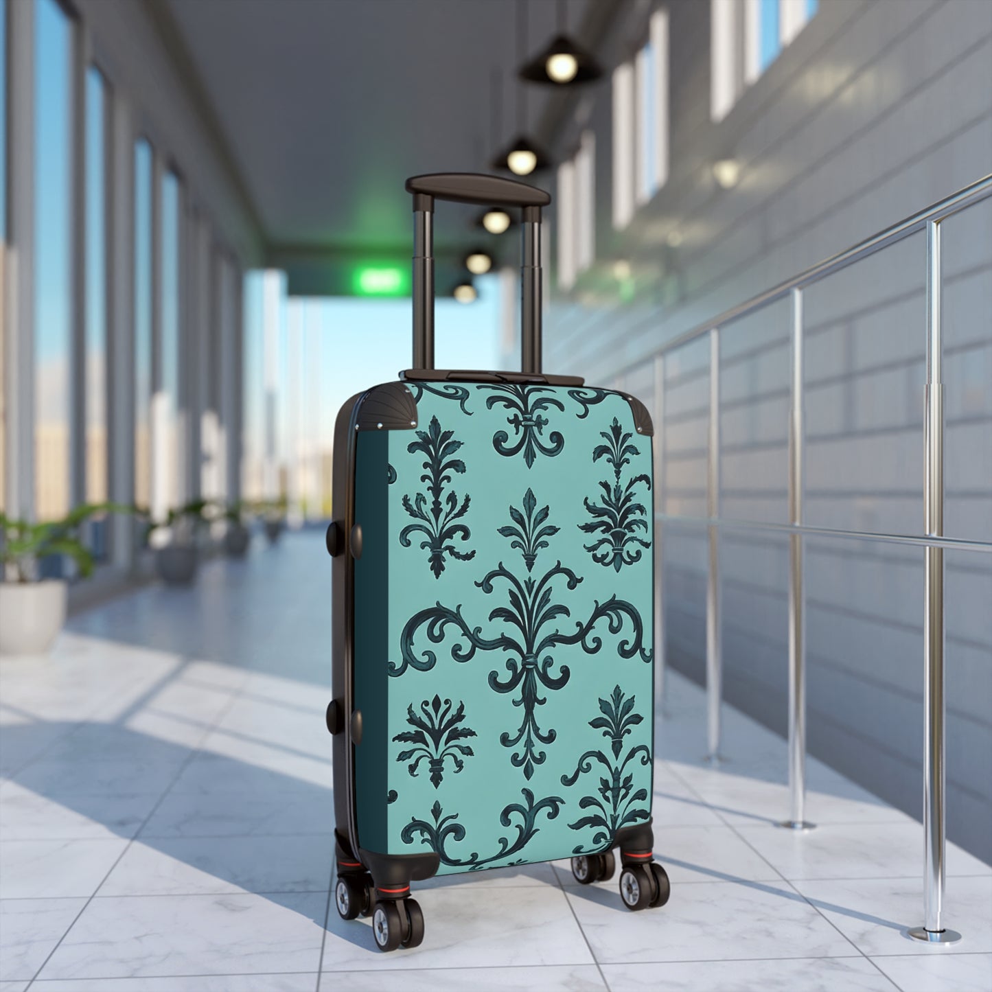 Elegant Damask Style Suitcase - Travel Luggage, Personalized Gift for Travelers, Stylish Carry-On for Vacations - Teal Striped Rococo