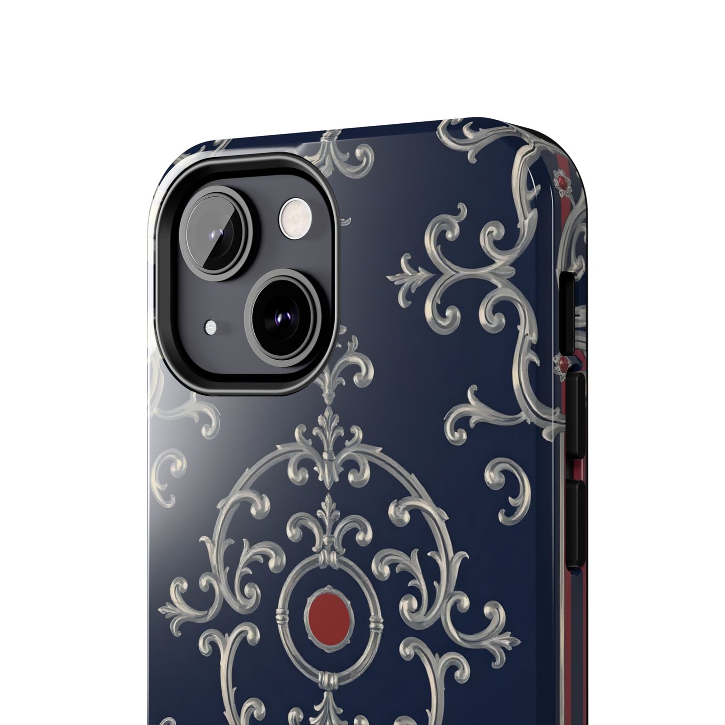 Elegant Patterned Tough Phone Cases for Stylish Protection, Gift for Her, Unique Accessories - Blue & Red Striped Silver Baroque