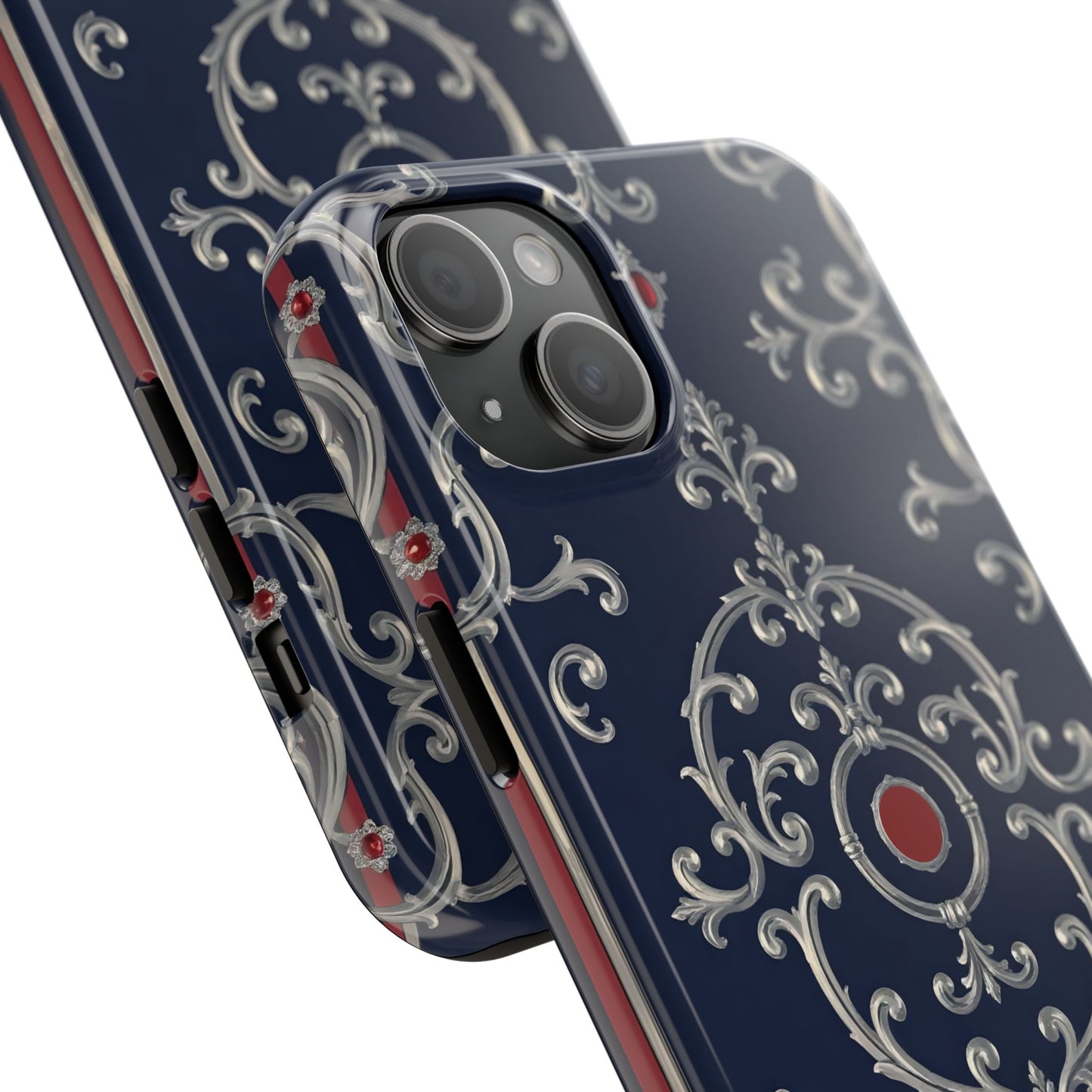 Elegant Patterned Tough Phone Cases for Stylish Protection, Gift for Her, Unique Accessories - Blue & Red Striped Silver Baroque