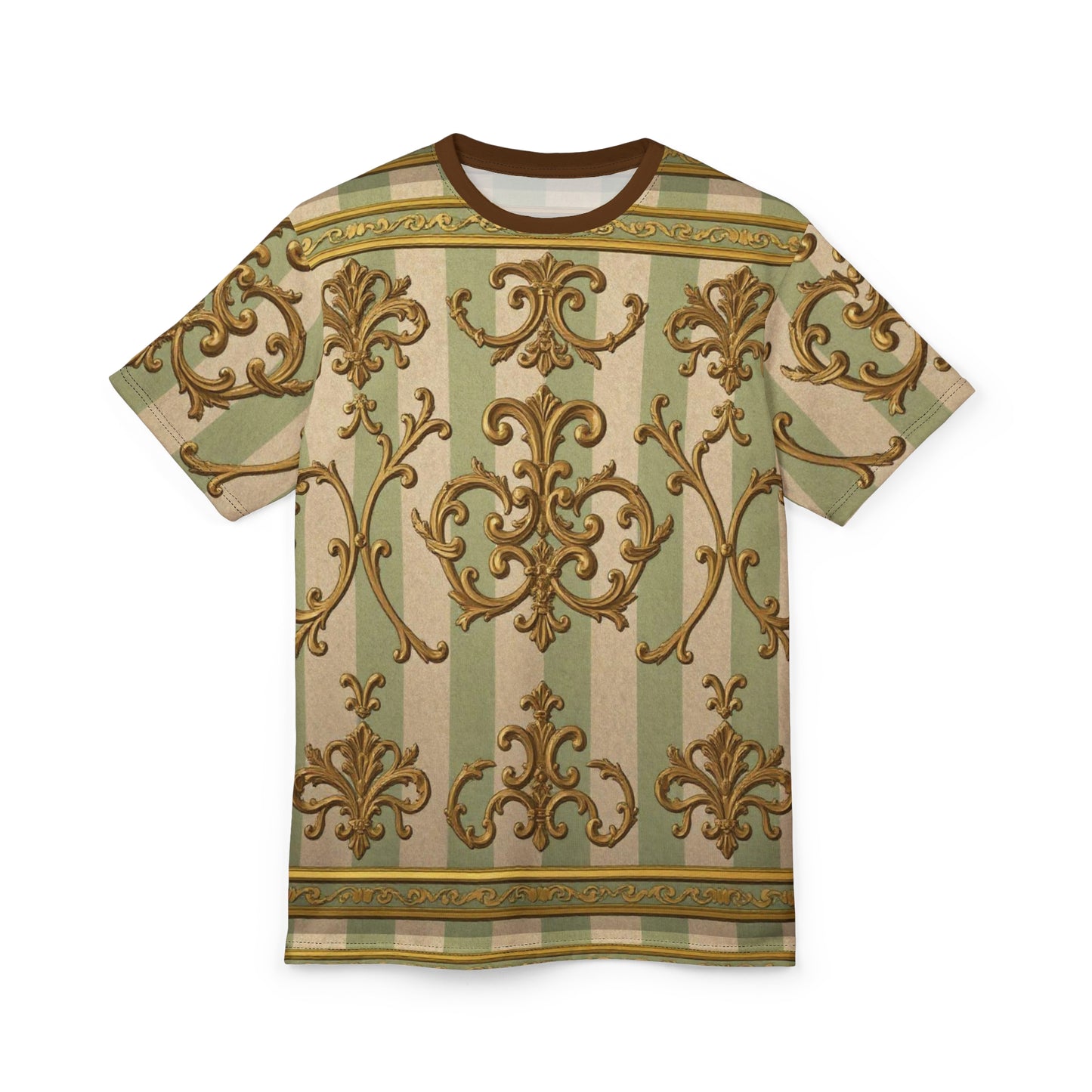 Elegant Vintage Pattern Unisex Tee, Boho Shirt, Gift for Her, Fashion Statement Tee, Summer Casual Wear - Mint & Beige Striped Gold Baroque