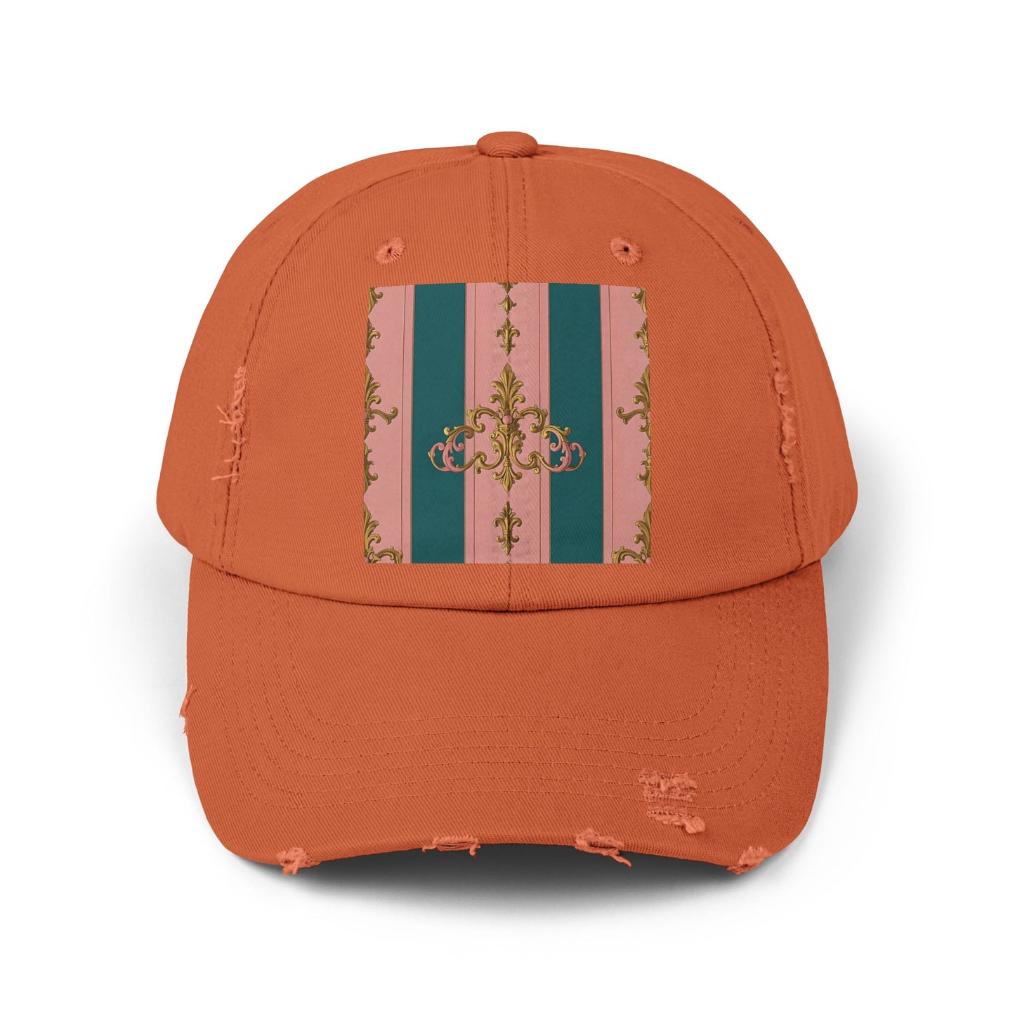 Chic Vintage Distressed Cap, Trendy Unisex Baseball Hat, Fashionable Everyday Wear - Pink & Teal Striped Gold Baroque
