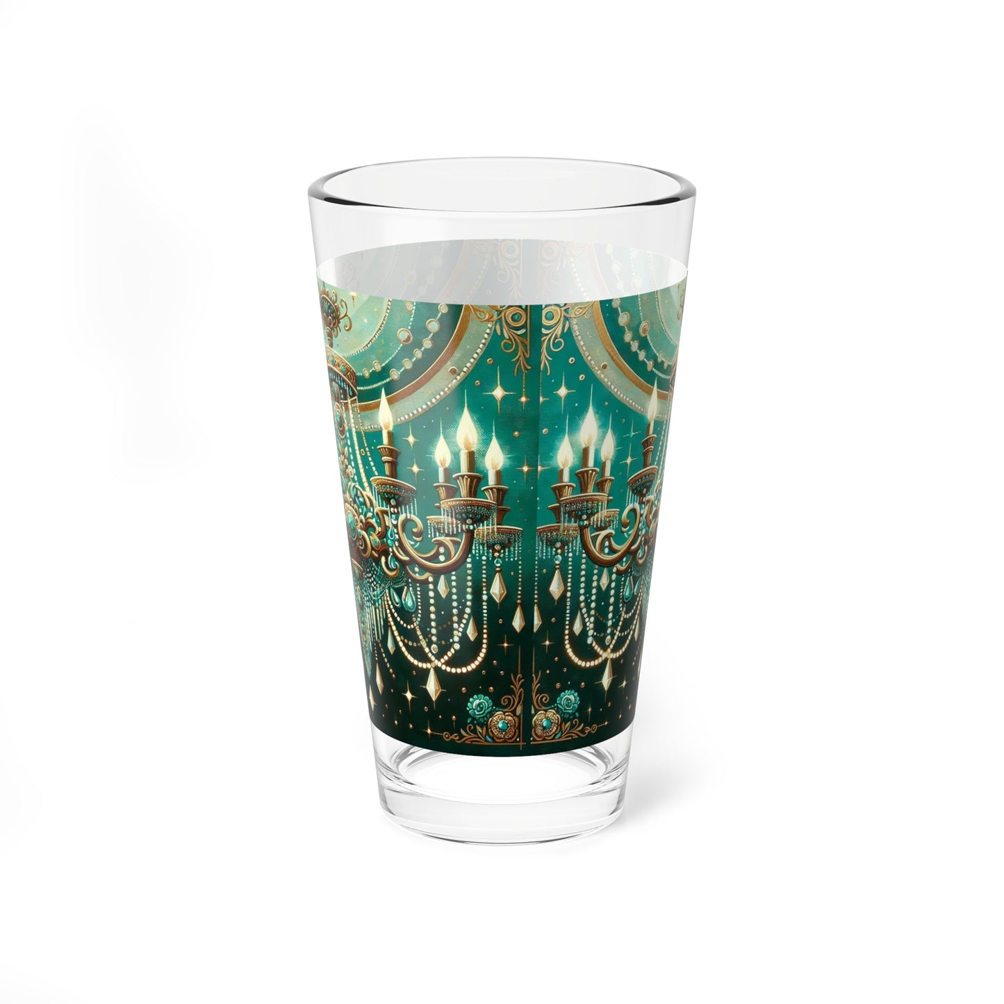 Mixing Glass, 16oz - Green & Gold Jeweled Chandelier