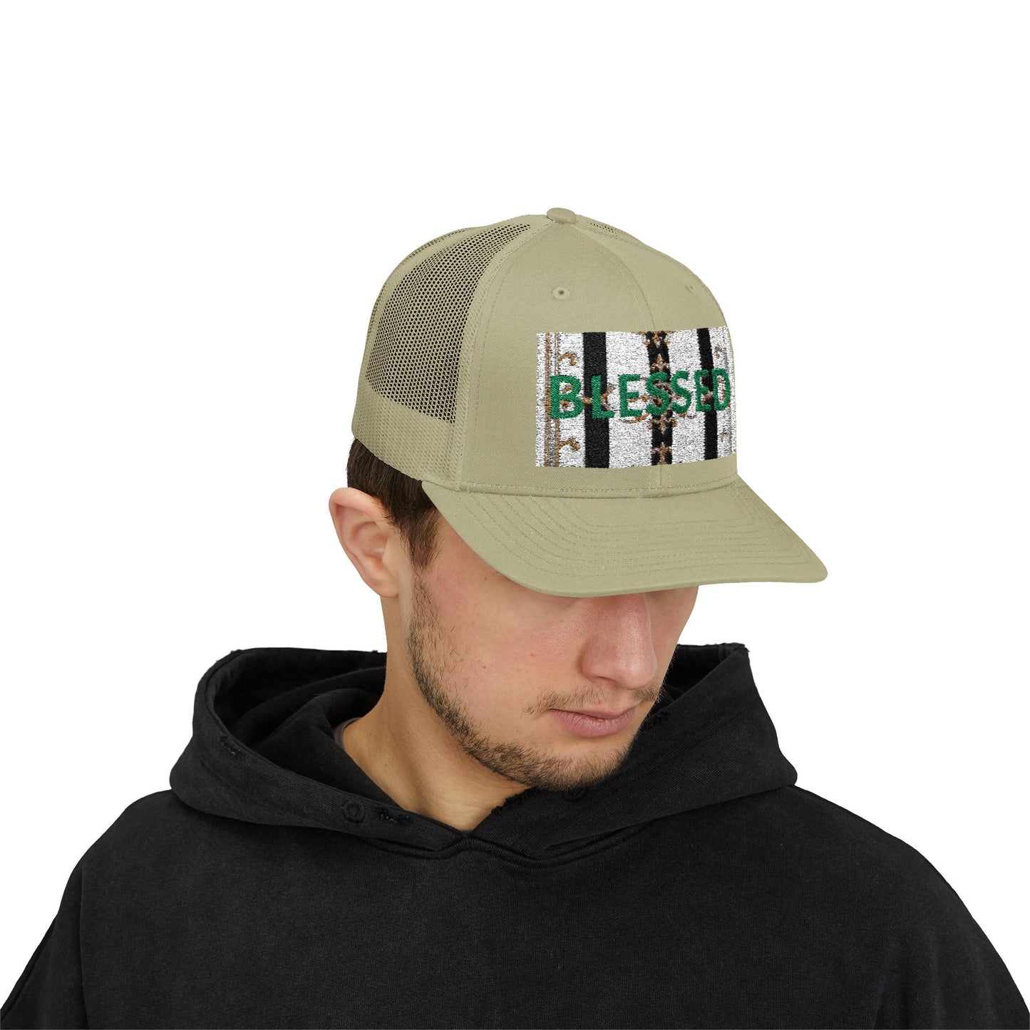 Blessed Snapback Trucker Cap | Casual Style, Outdoor Gear, Faith-Based Gift, Adjustable Hat, Everyday Fashion - Black & White Striped Gold Baroque